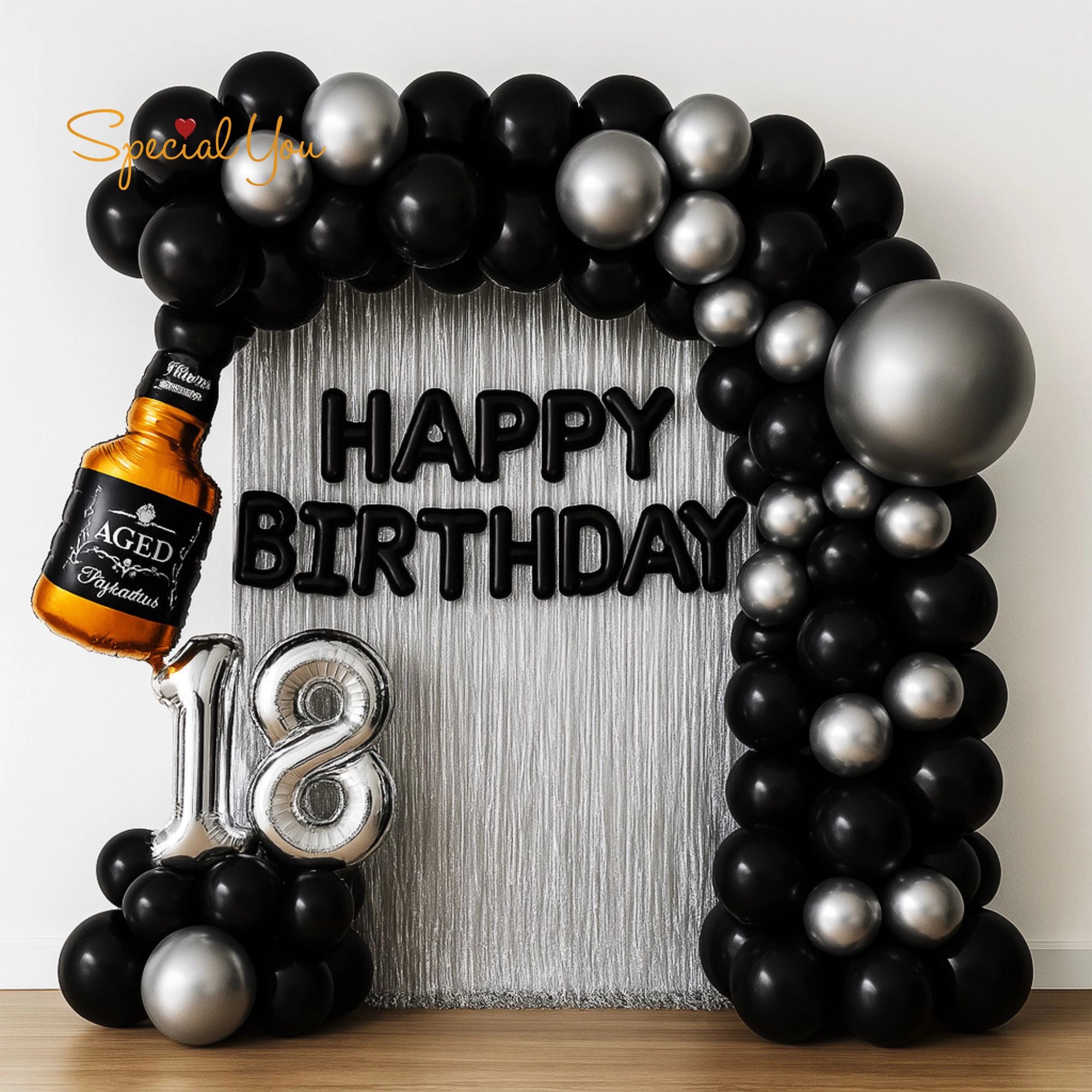 18th Birthday Black & Silver Decor with Bottle Arch