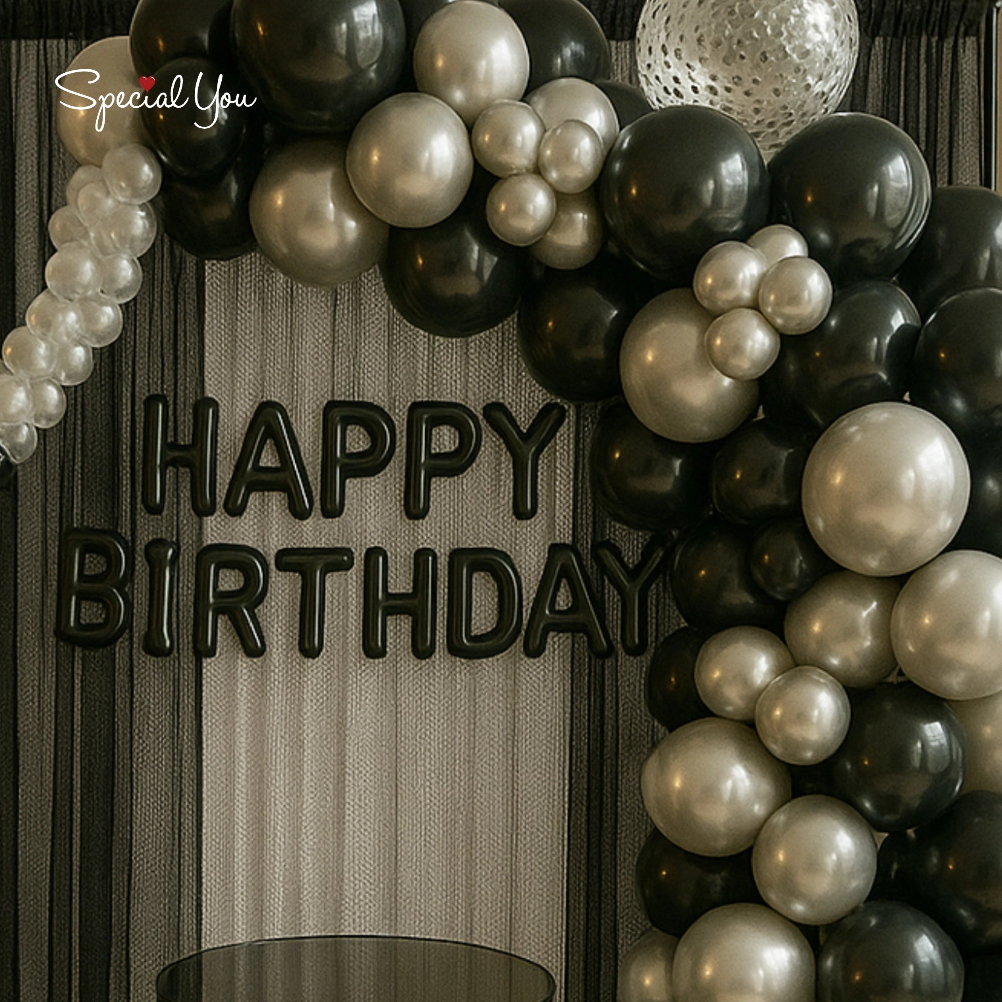Black & Silver with Bottle Birthday Arch Decor