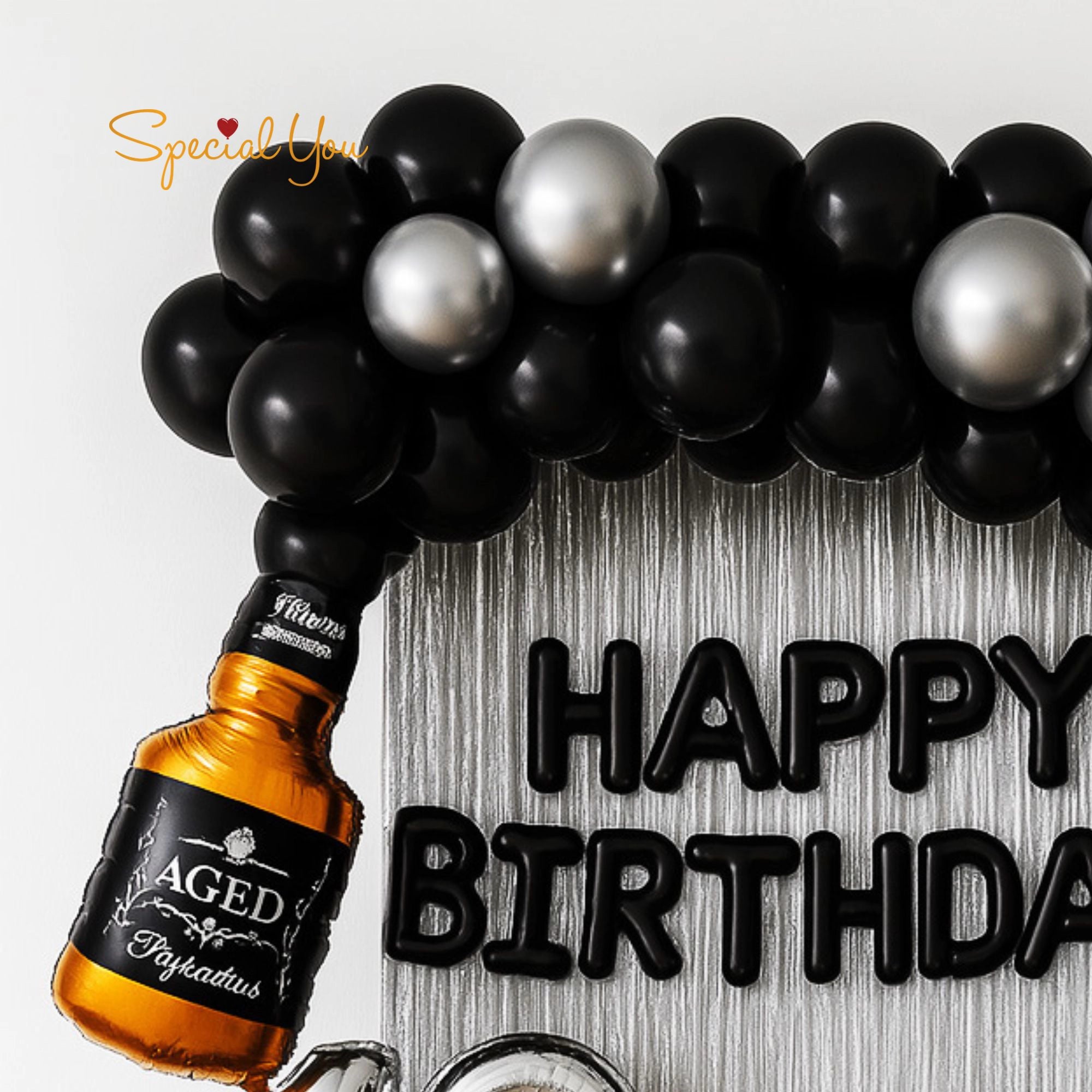 18th Birthday Black & Silver Decor with Bottle Arch