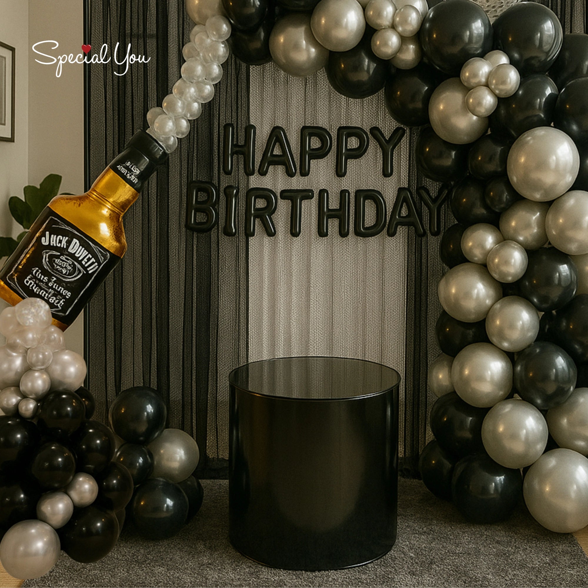 Black & Silver with Bottle Birthday Arch Decor