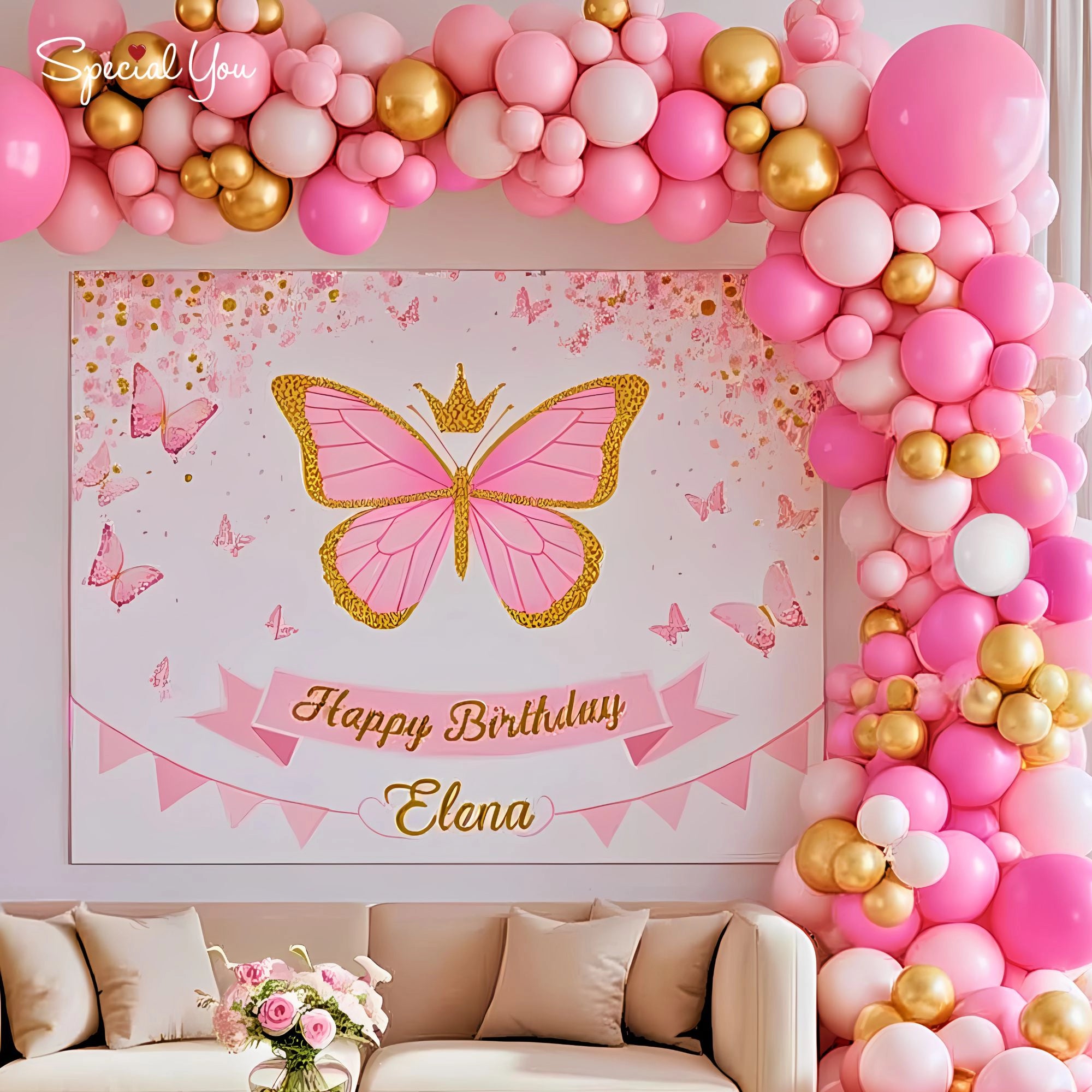 Pink Butterfly Birthday Balloon Decor
