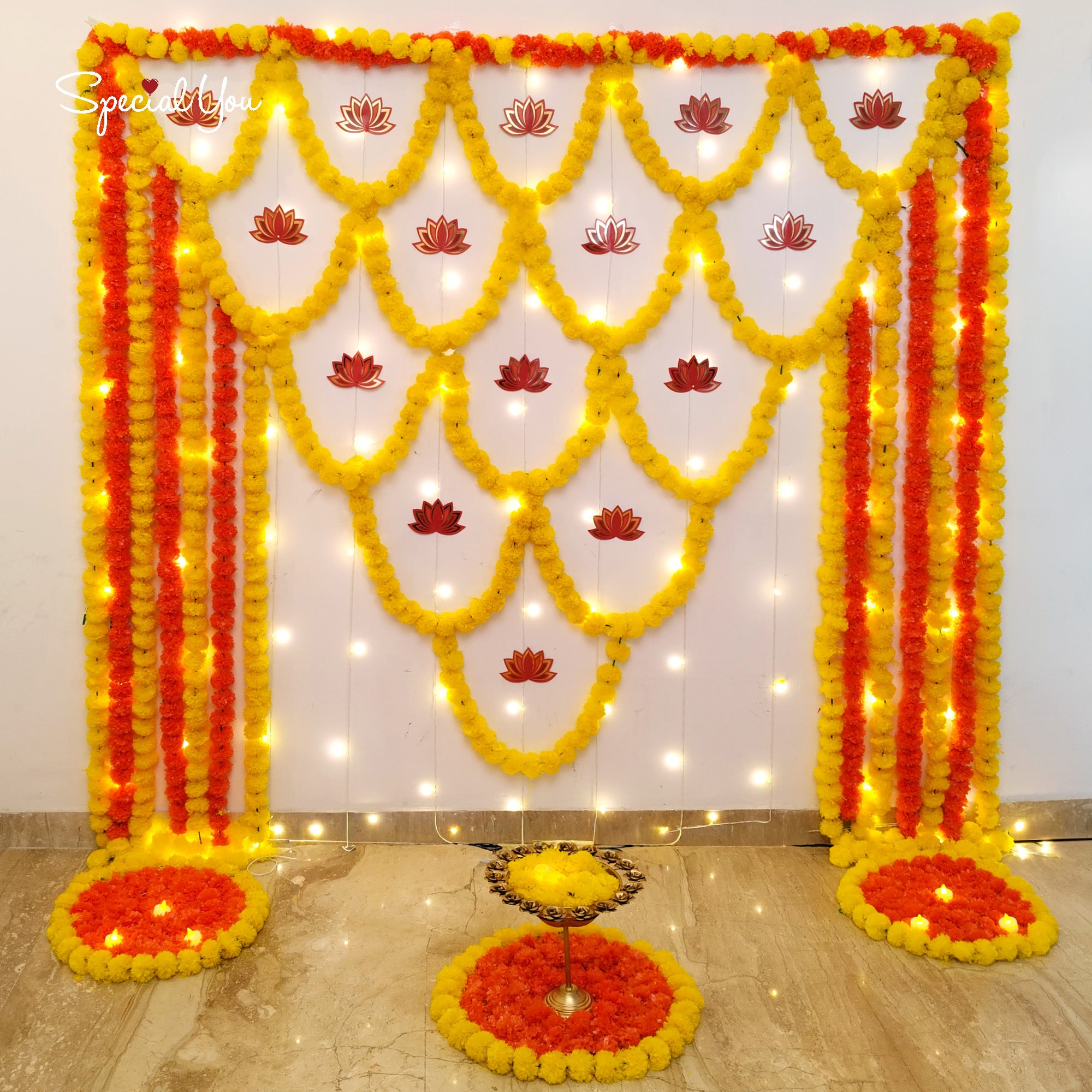 Marigold & Lotus Diwali Backdrop Decor