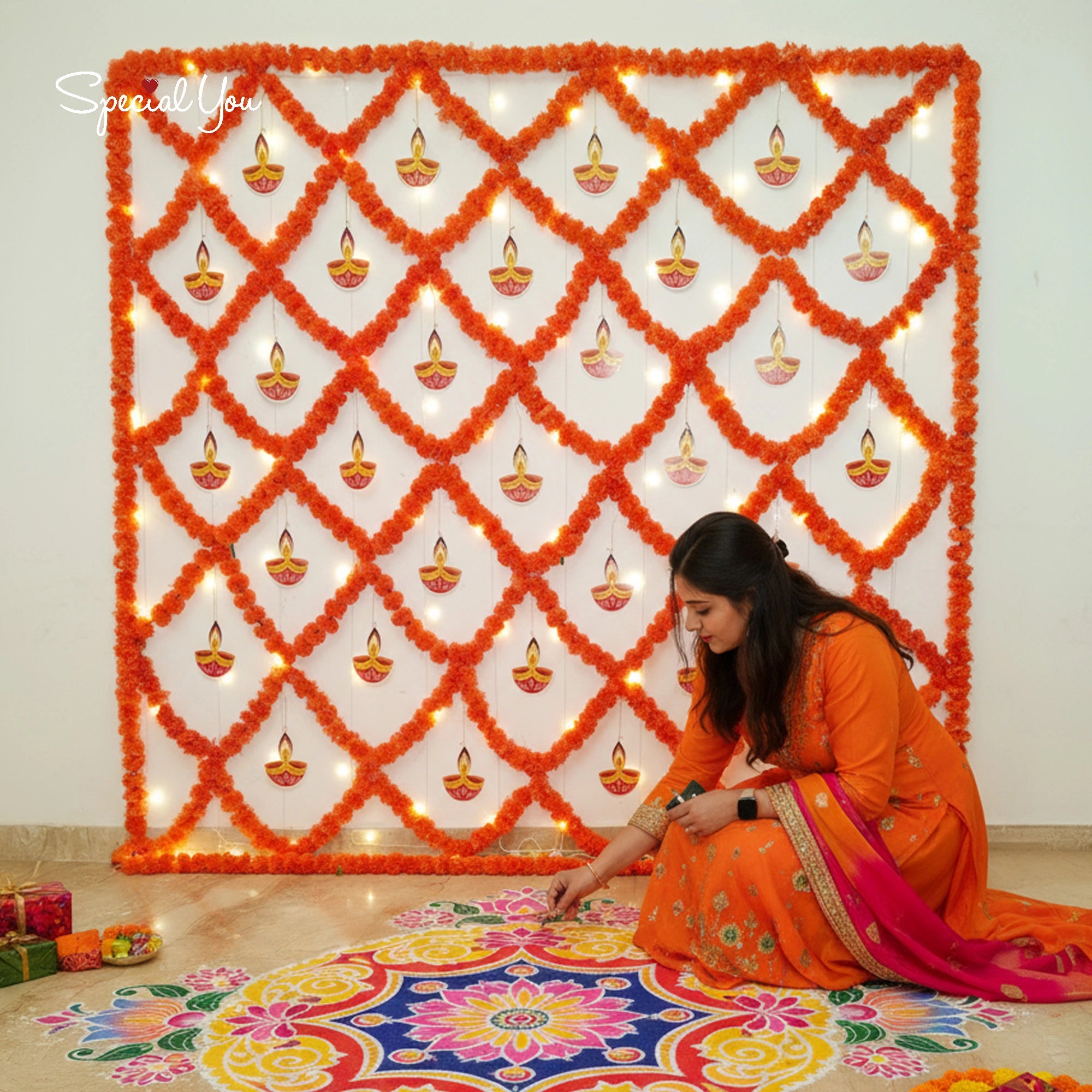 Marigold & Diya Diwali Backdrop Decor