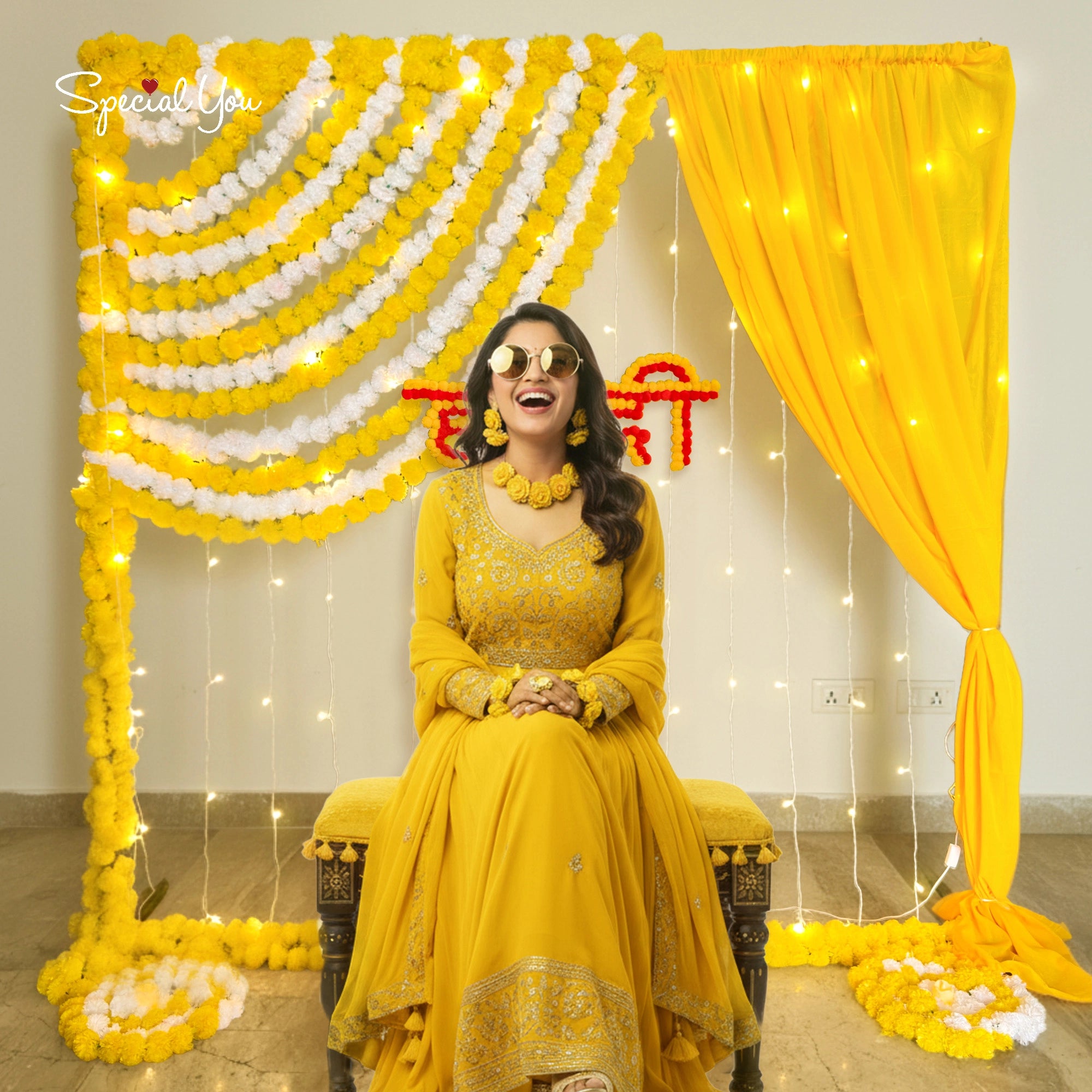 Yellow Floral Haldi Ceremony Backdrop Decor