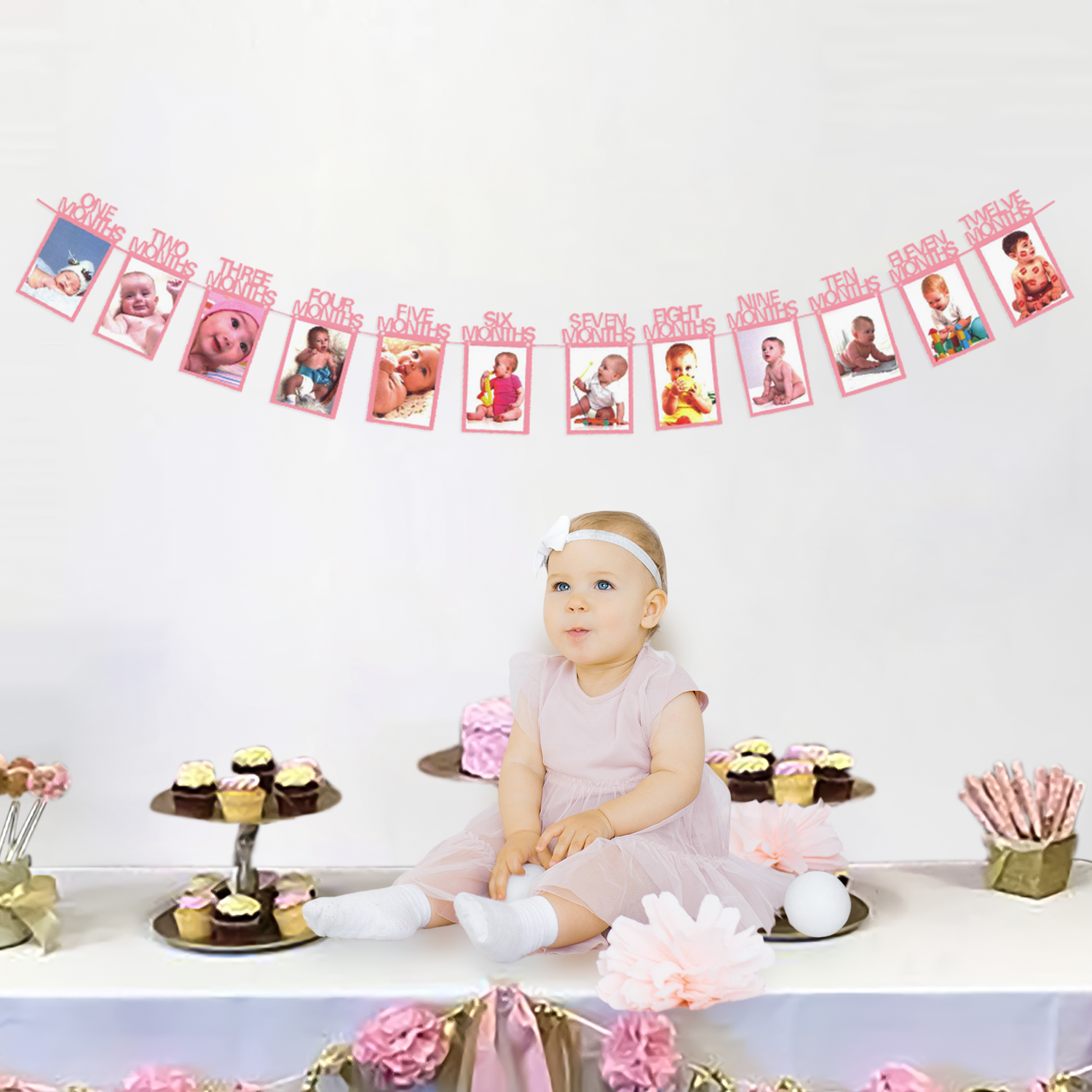 Pink Monthly Banner for 1st Birthday Decoration