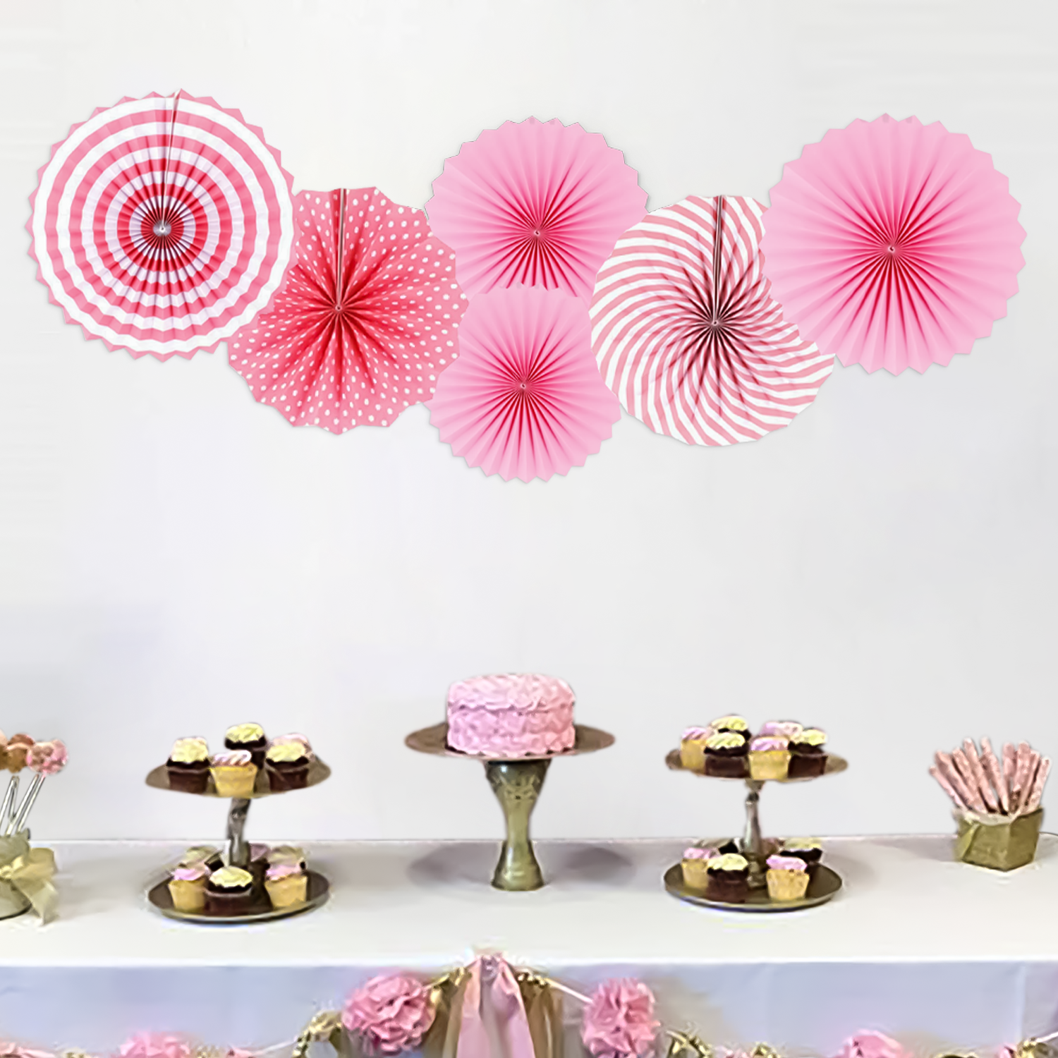 Pink Paper Fans hanging for wall backdrop pack of 6