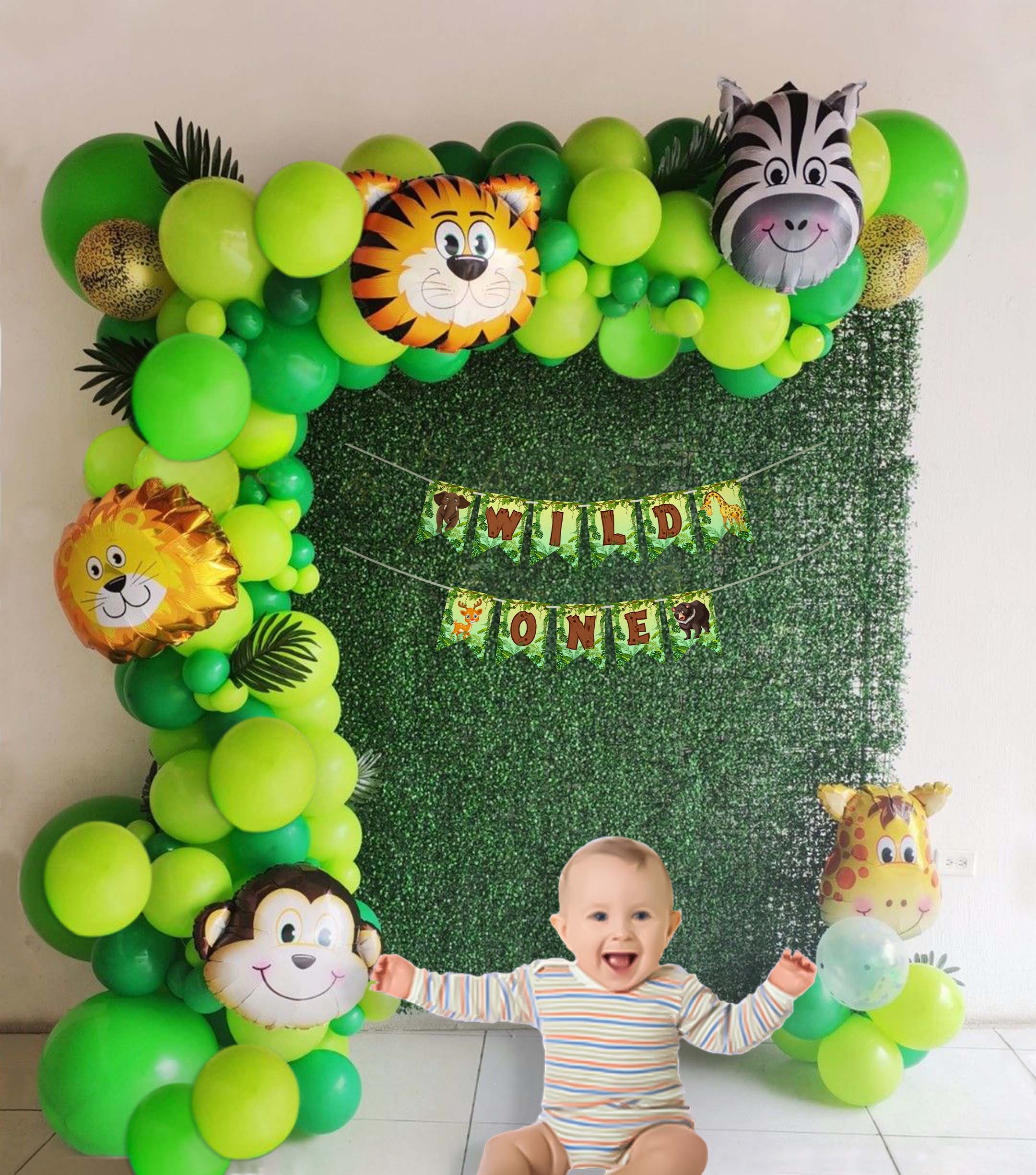 Jungle safari theme 1st birthday decoration with face foil balloon.