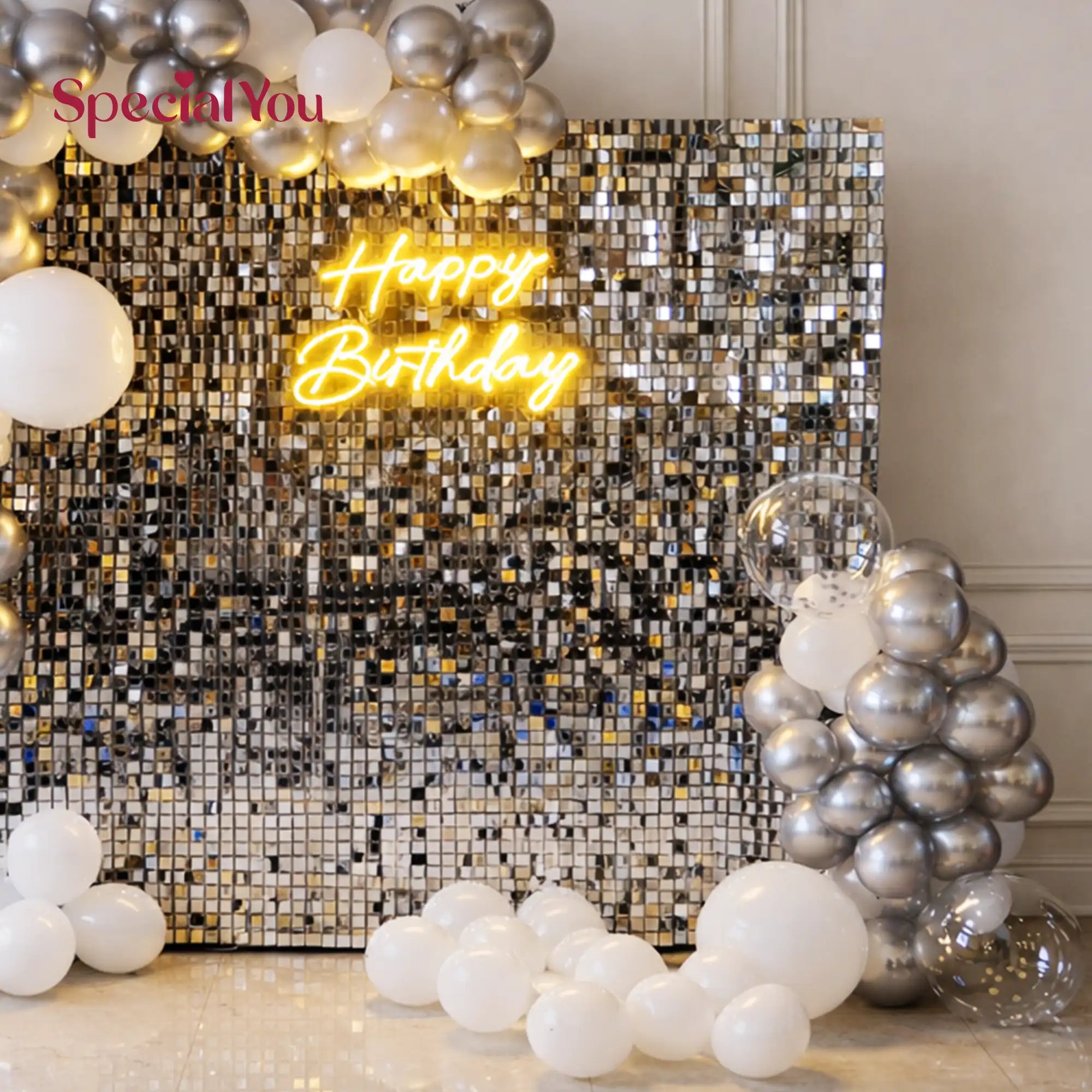 Silver White Sequin Panel Backdrop Decoration Setup
