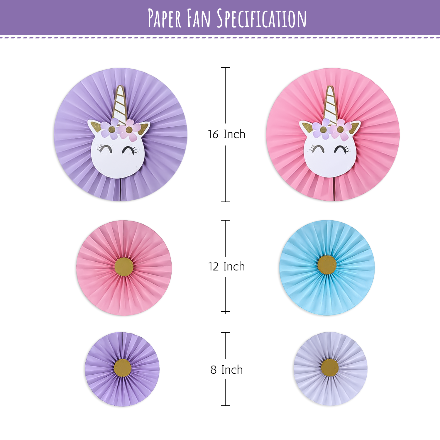 Unicorn Paper Fans wall decoration item pack of 8pcs