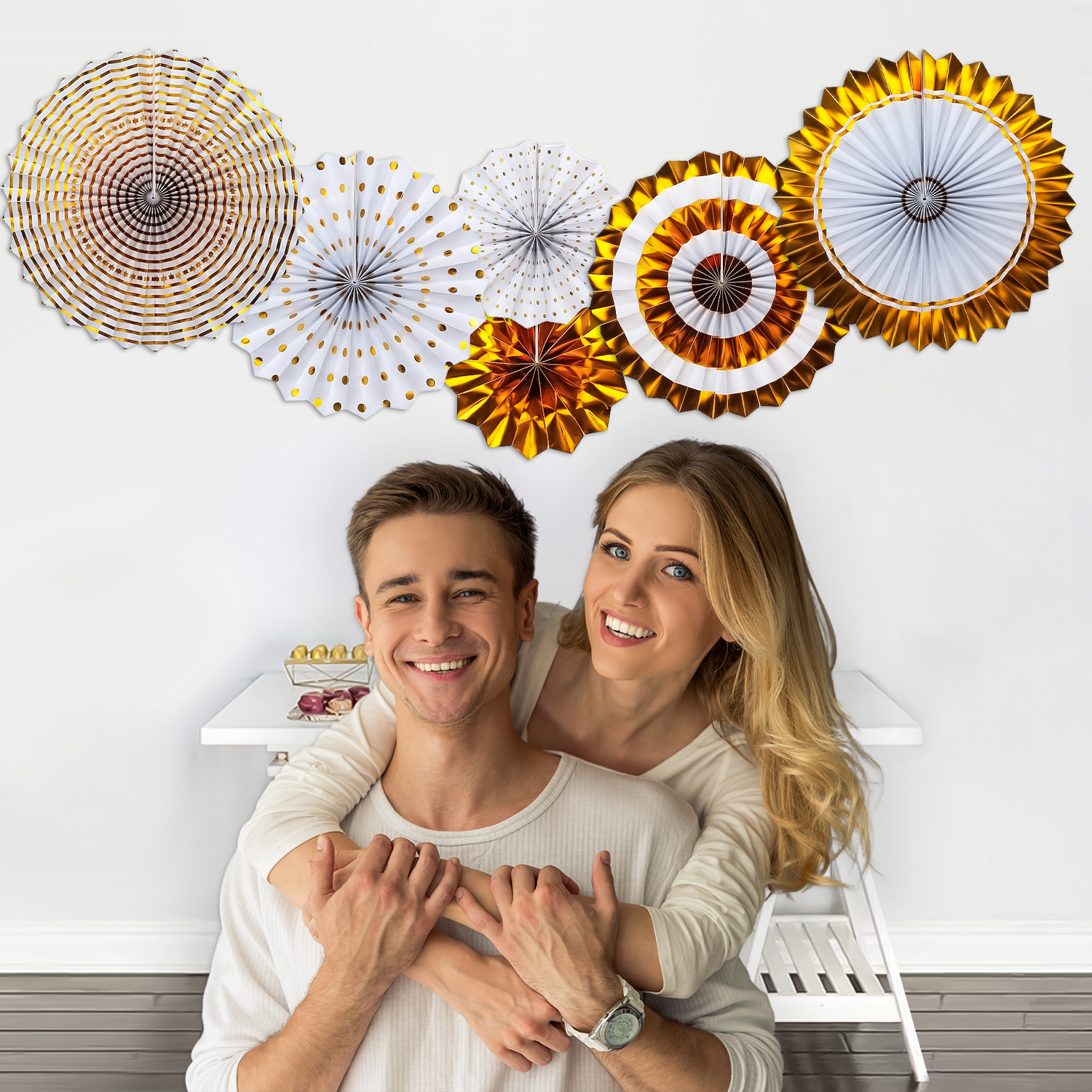 White & Gold Paper Fans hanging wall backdrop-6pcs