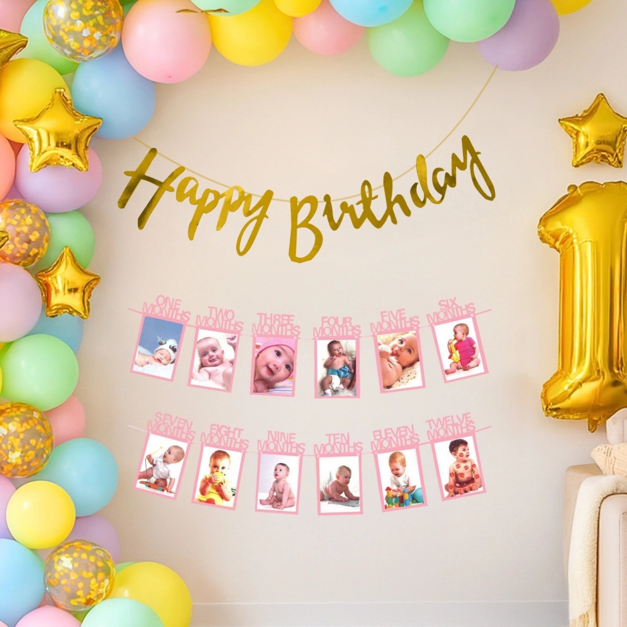 1st Birthday Balloon Decor with Golden Stars