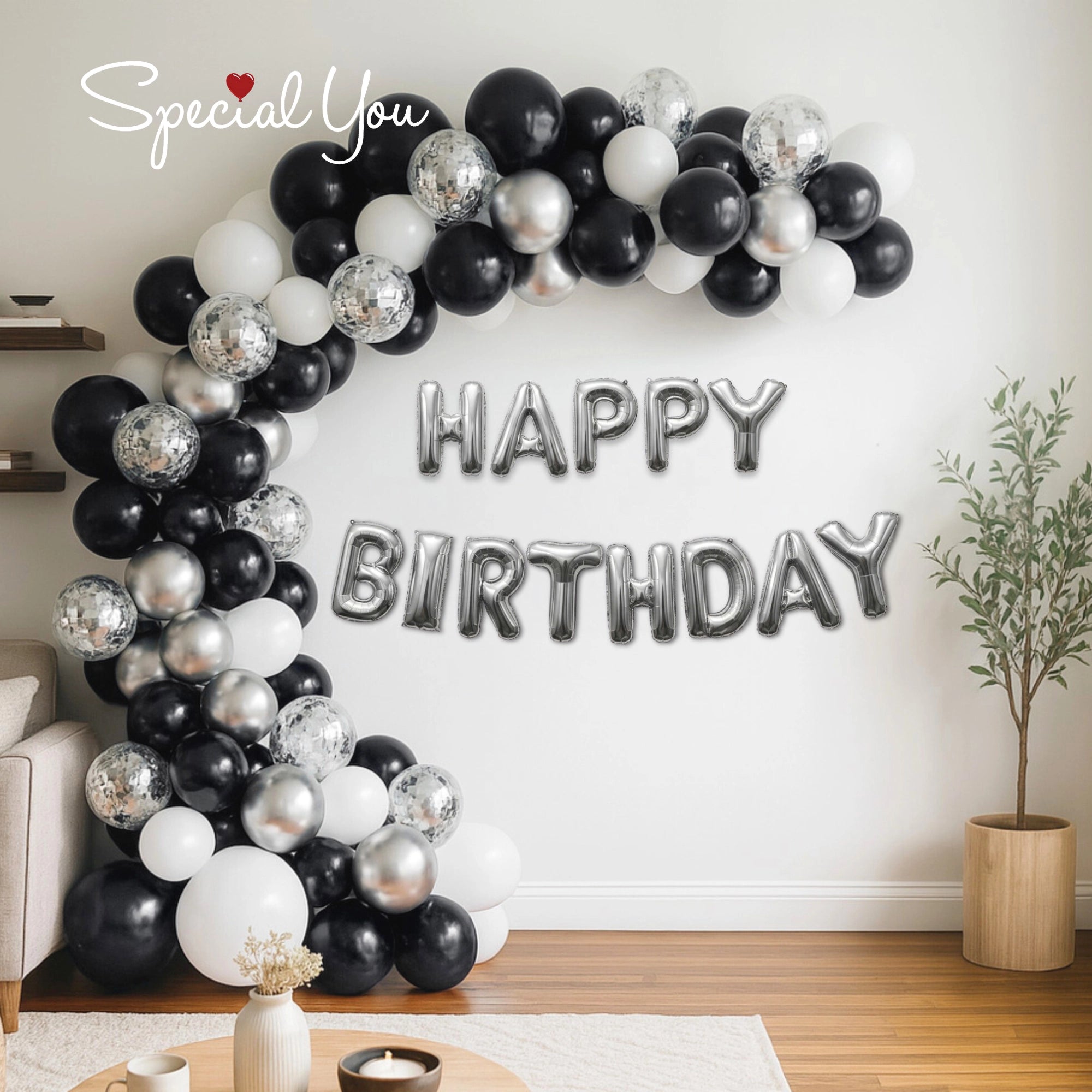 Elegant Black, White & Silver Sparkle Birthday Decor