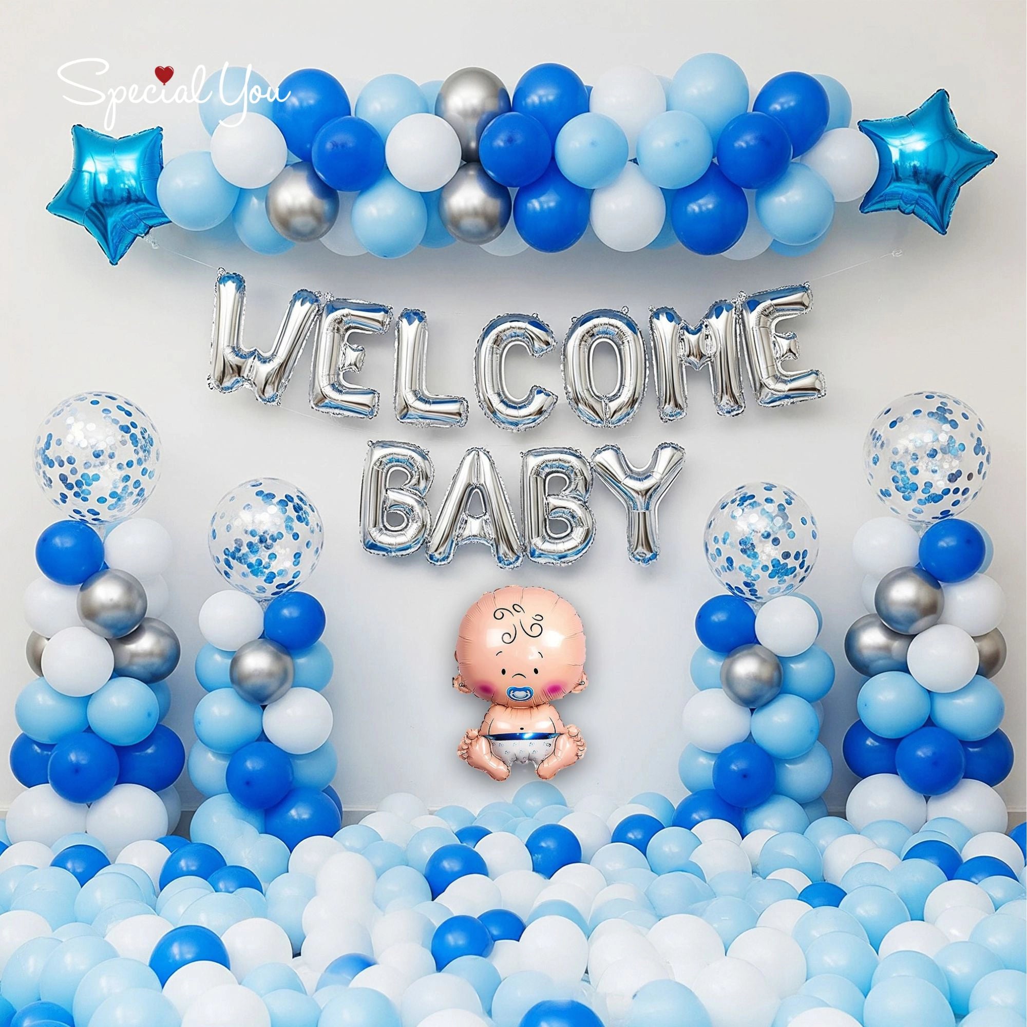 Blue & White Welcome Baby Balloon Decor