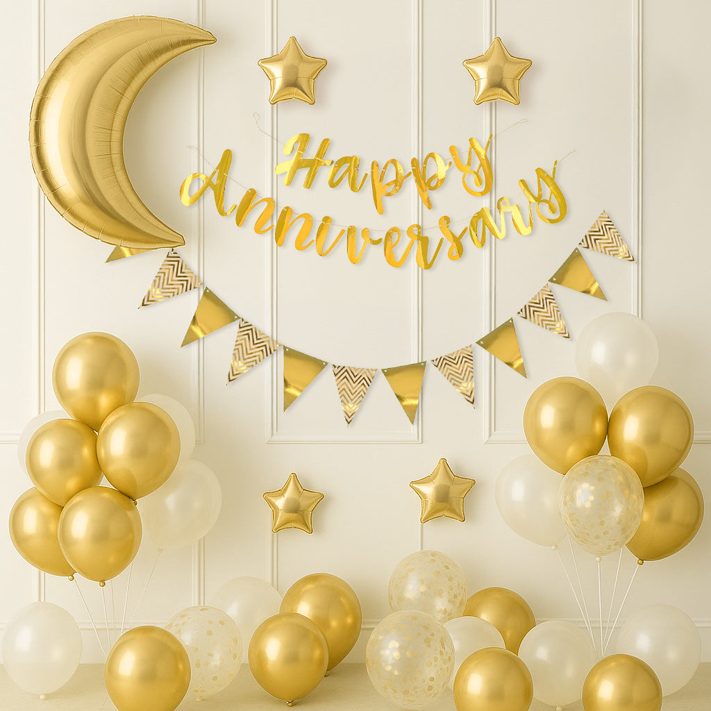 Happy Anniversary Balloon – Gold & White Theme