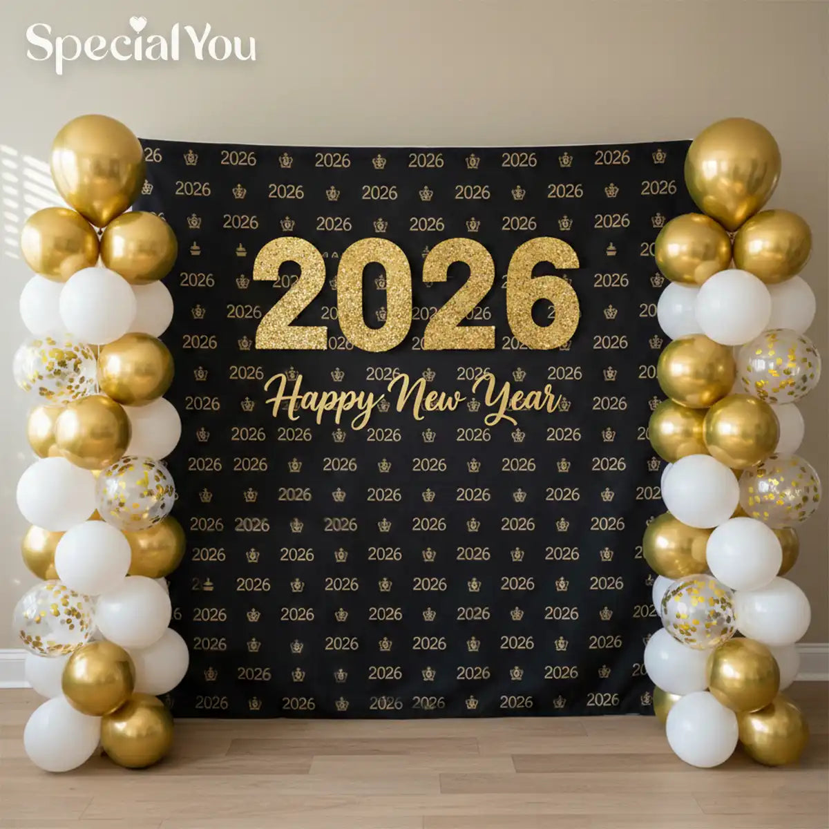 Black & Gold 2026 New Year Balloon Backdrop Decoration