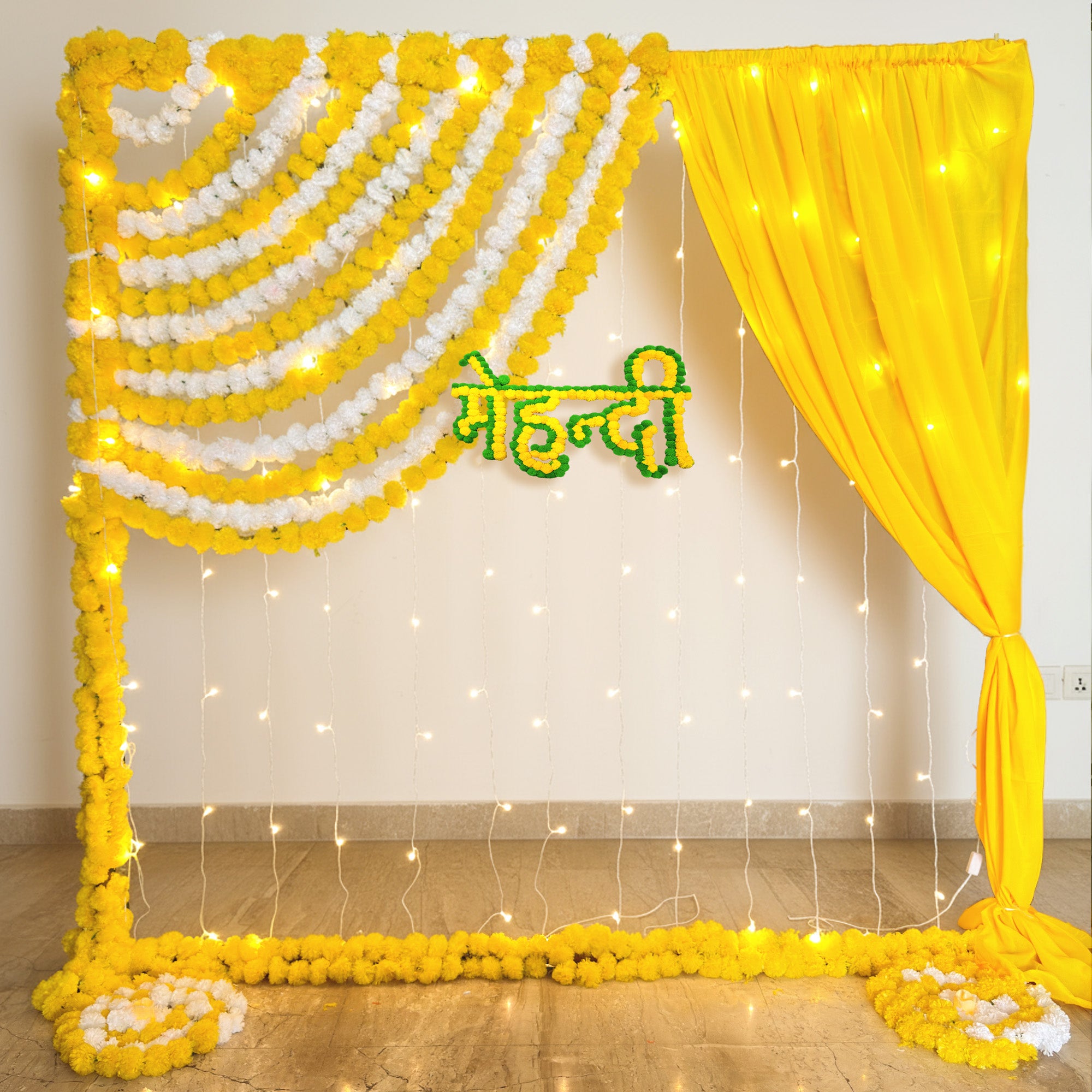 Yellow Floral Mehndi Ceremony Backdrop Decor
