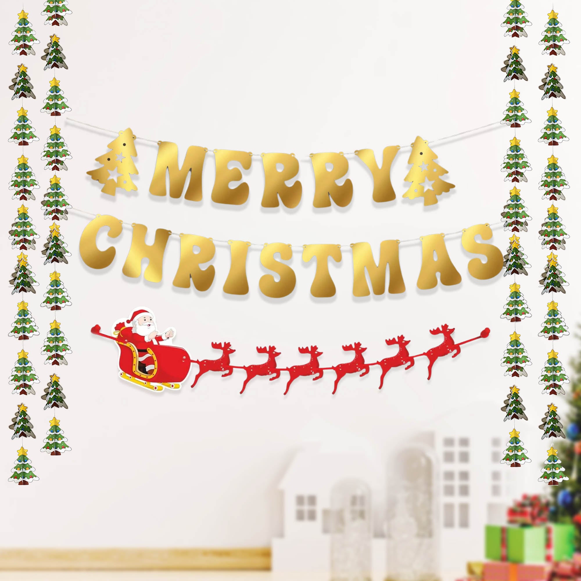 Merry Christmas with Reindeer Banner and Tree Frill