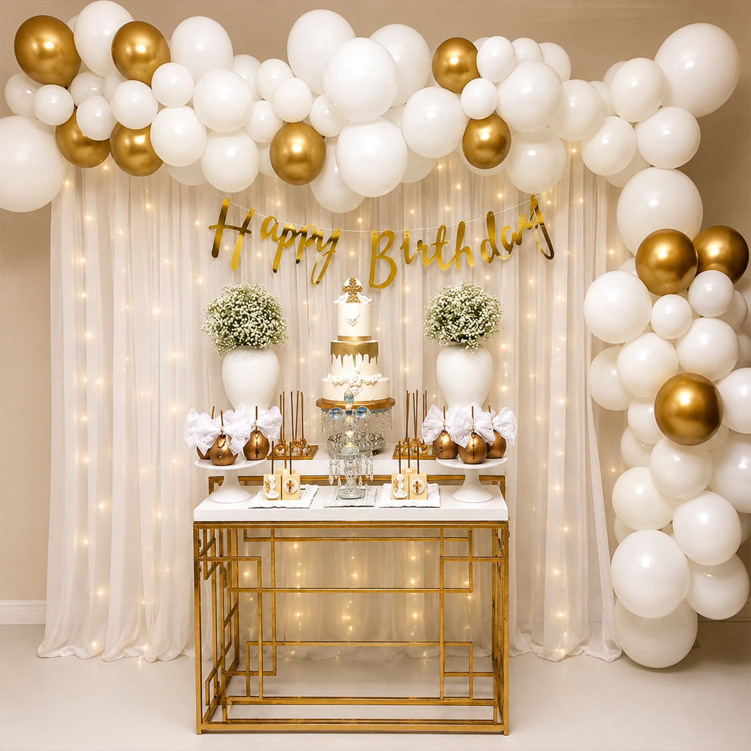Gold & White birthday backdrop decoration Kit