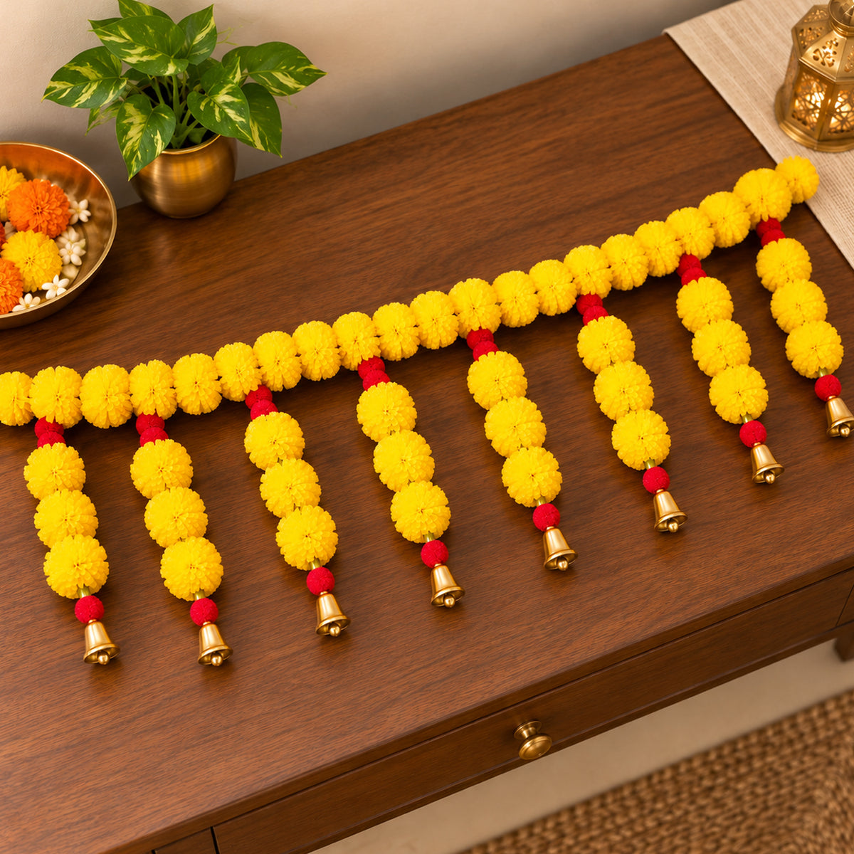 Yellow Marigold Bell Toran for Diwali Decoration for Home