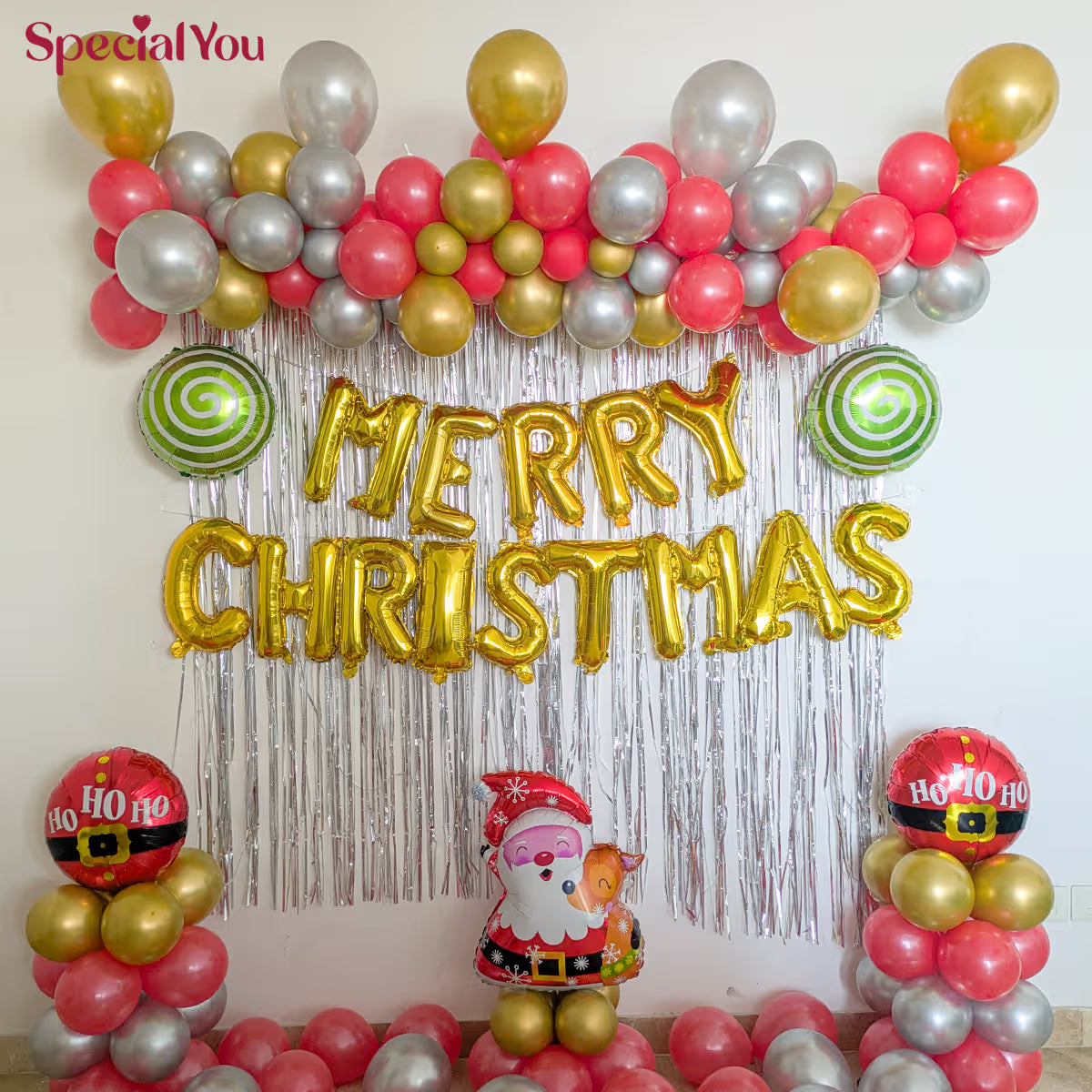Festive Merry Christmas Foil Balloon Wall Setup