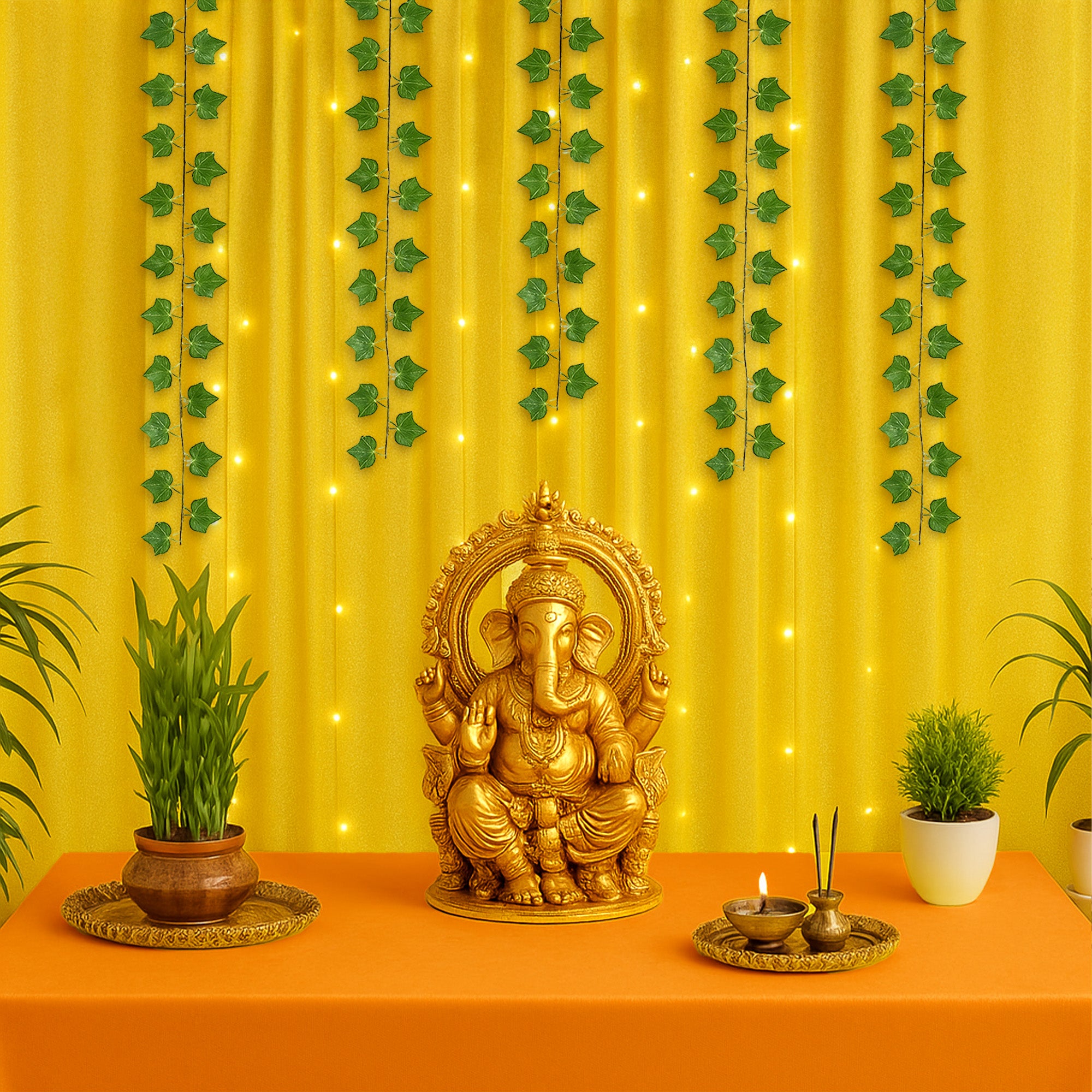 Yellow Backdrop with vines and LED light