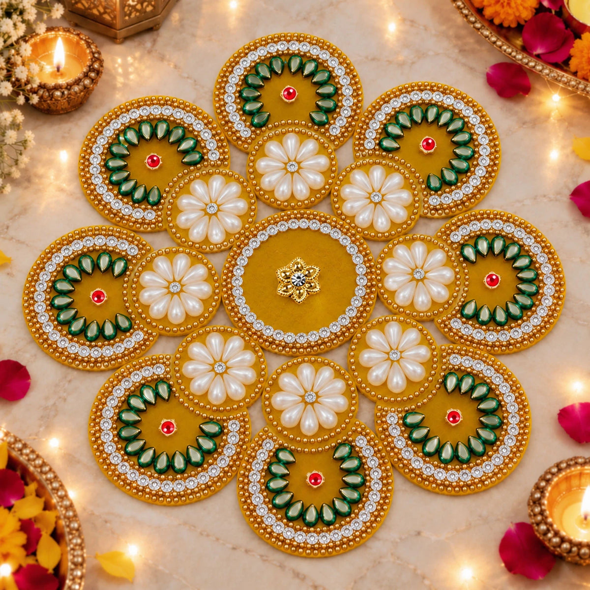 Yellow Pearl Rangoli Mat for Diwali Decoration for Home