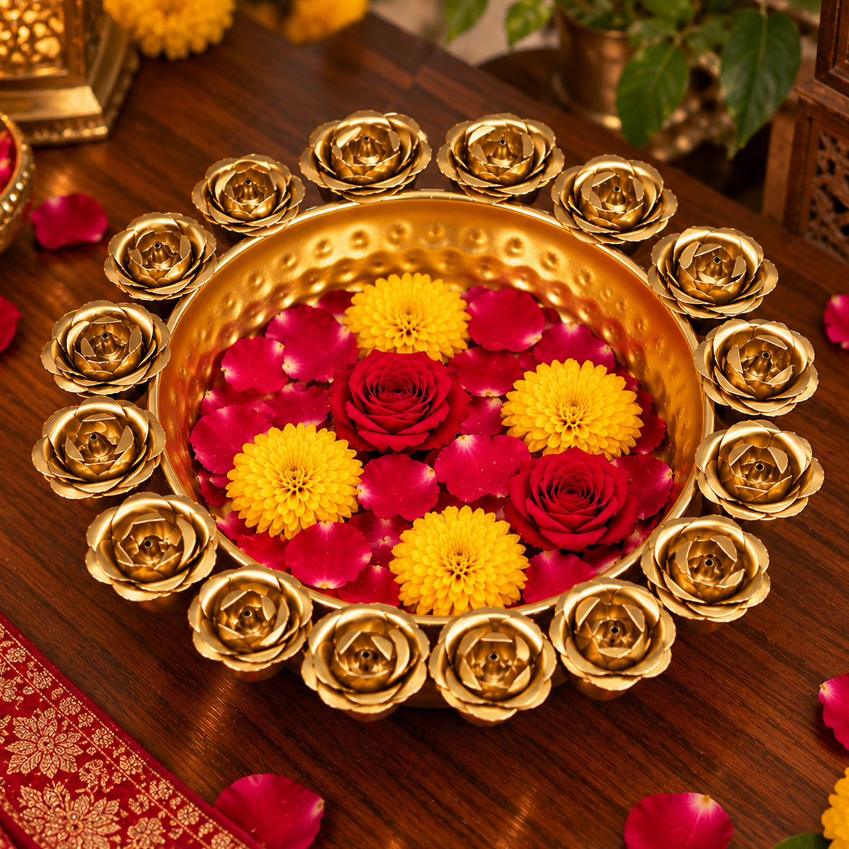 Golden Rose Urli Bowl for Diwali Decoration for Home