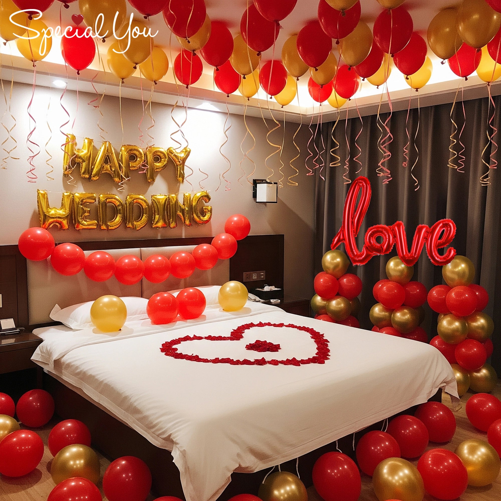 Golden & Red Wedding Room Decor