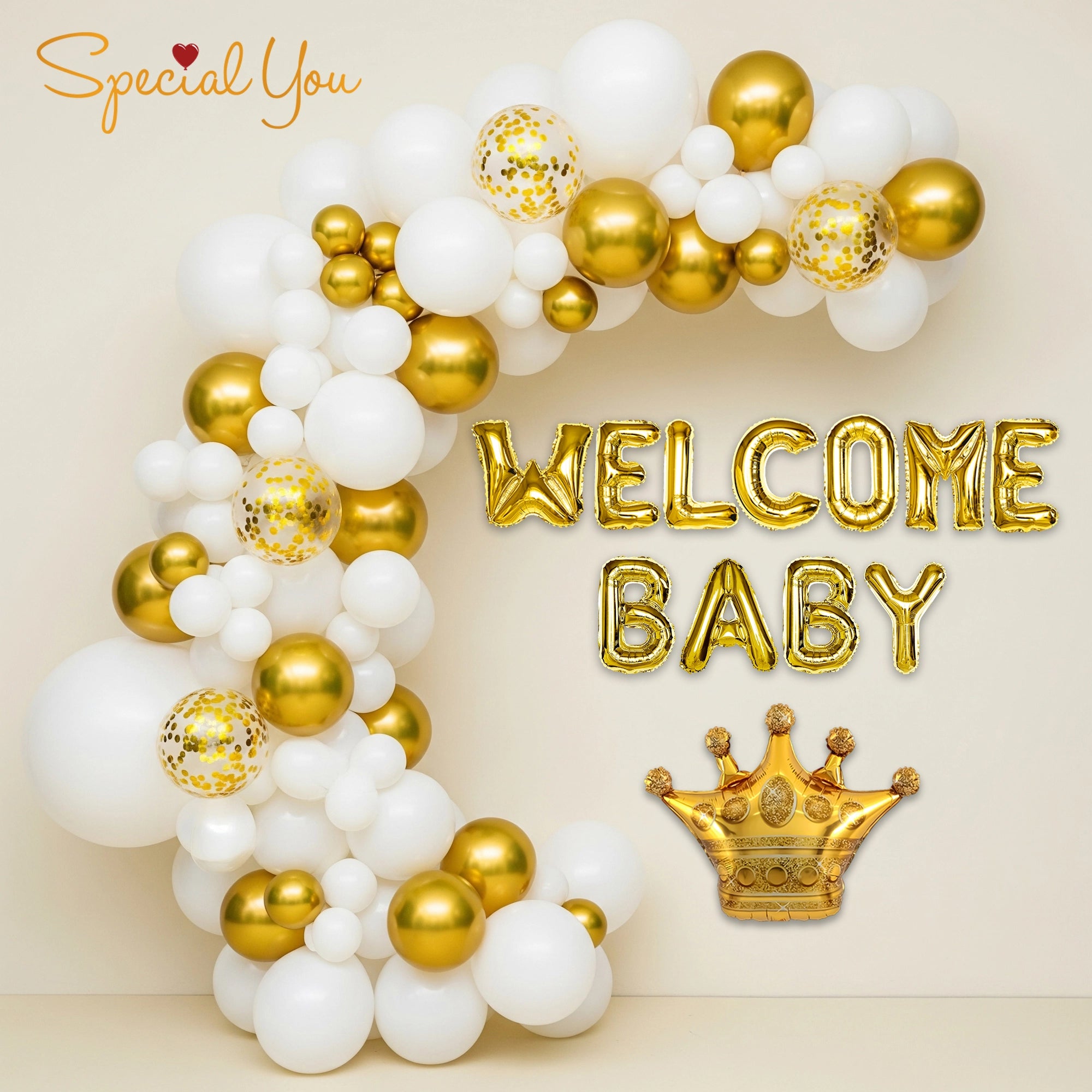 White & Gold Welcome Baby Balloon Decor