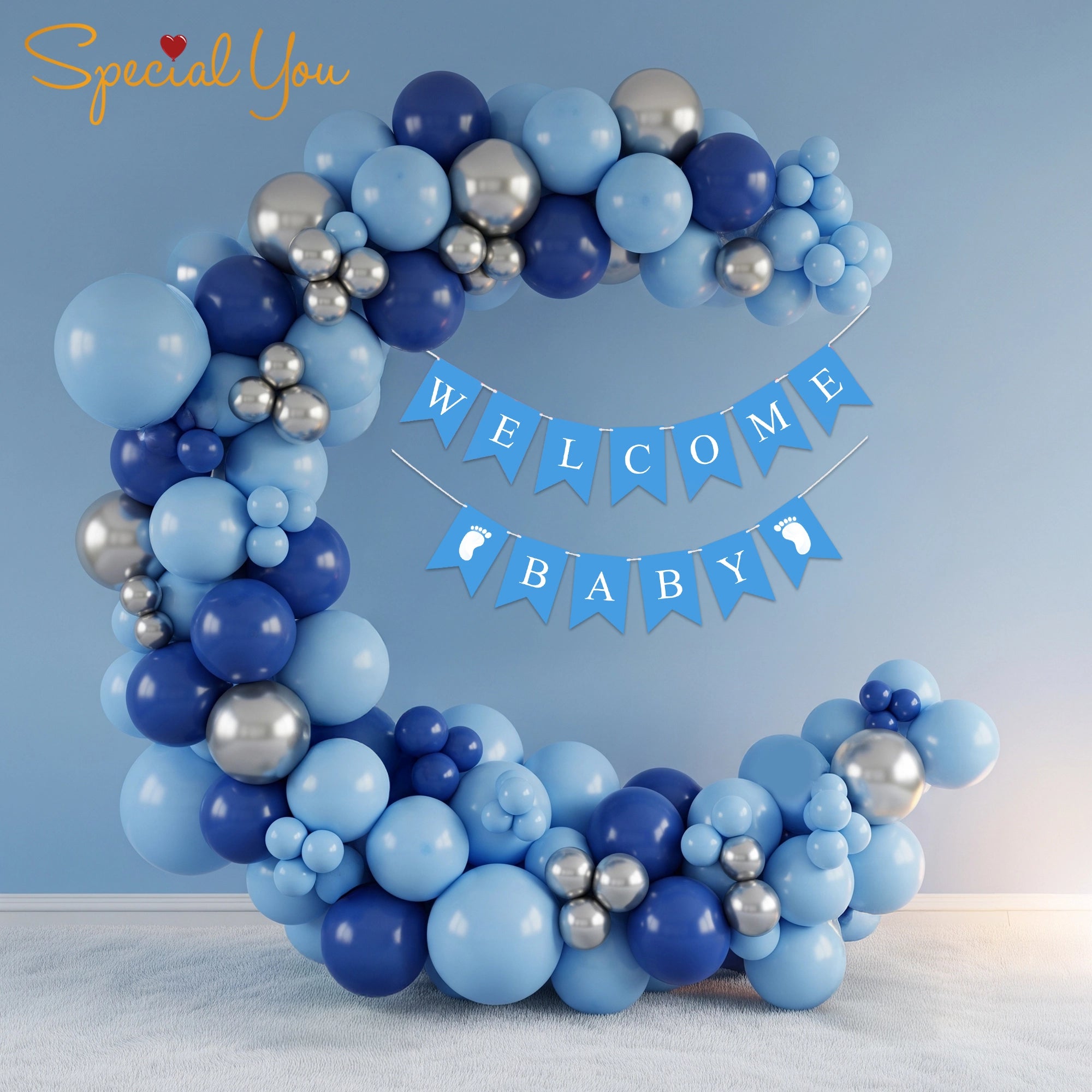Blue & Silver Welcome Baby Balloon Decor