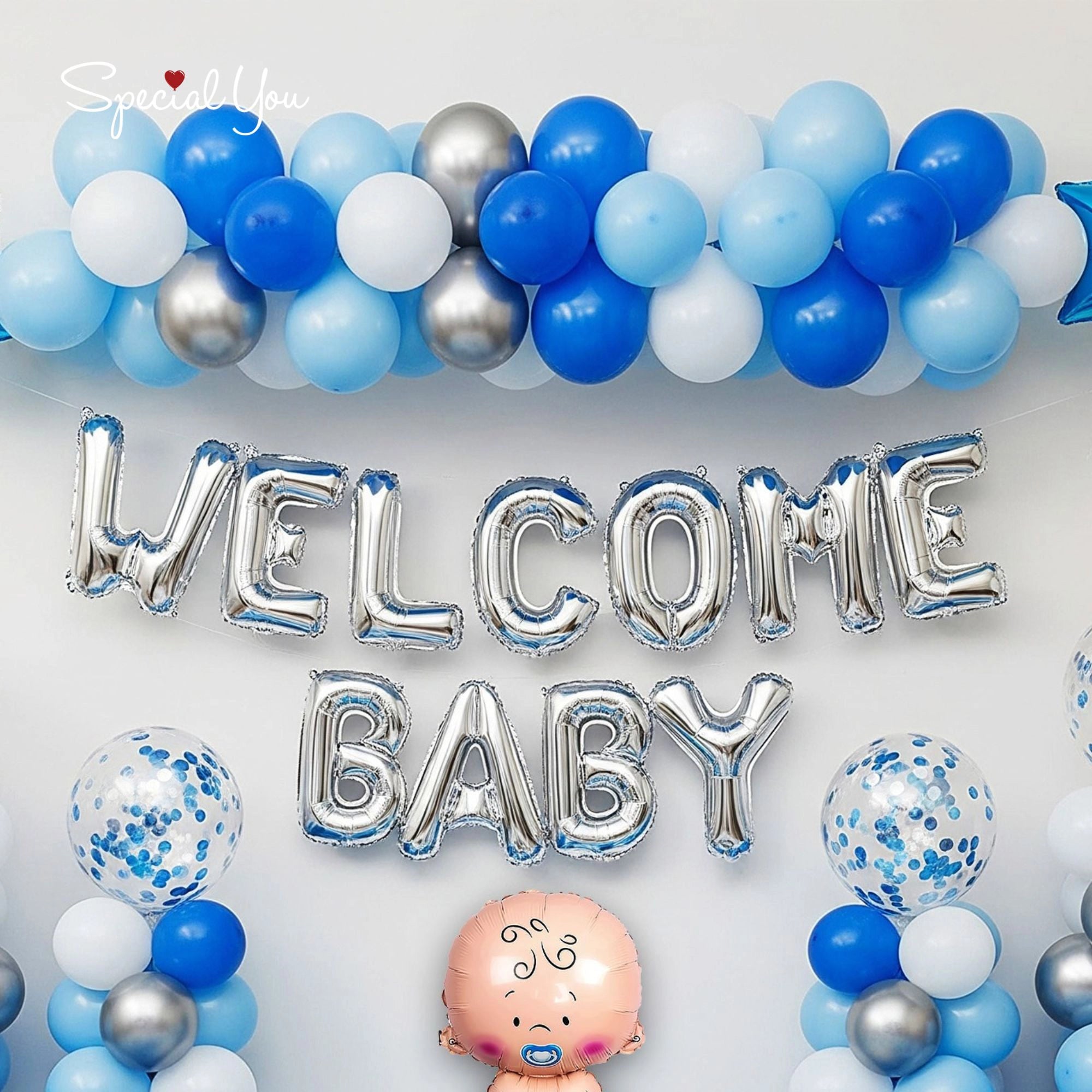 Blue & White Welcome Baby Balloon Decor