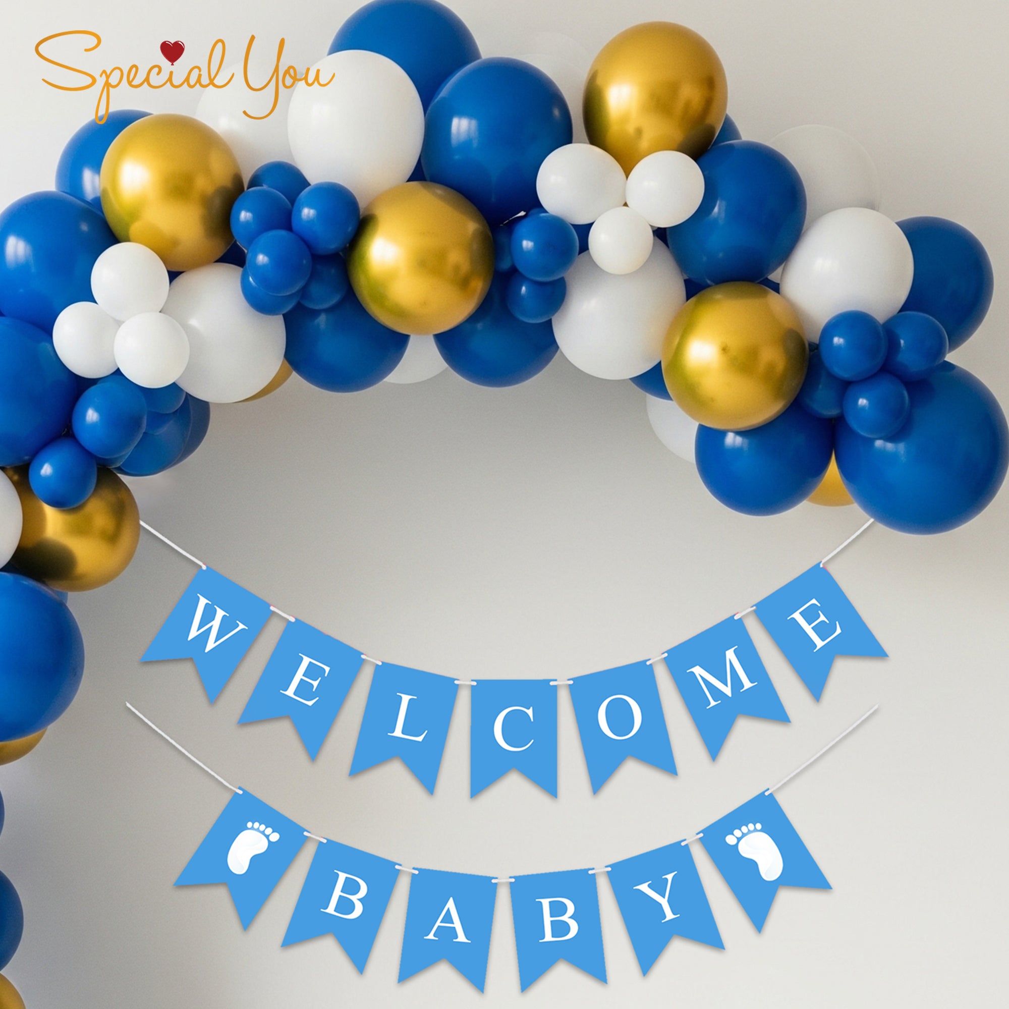Elegant Blue and Gold Welcome Baby Decor