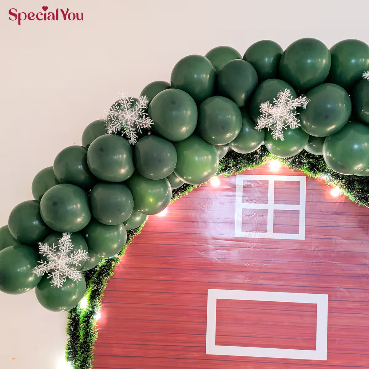 Christmas Barn Backdrop Decor with Green Balloon Arch
