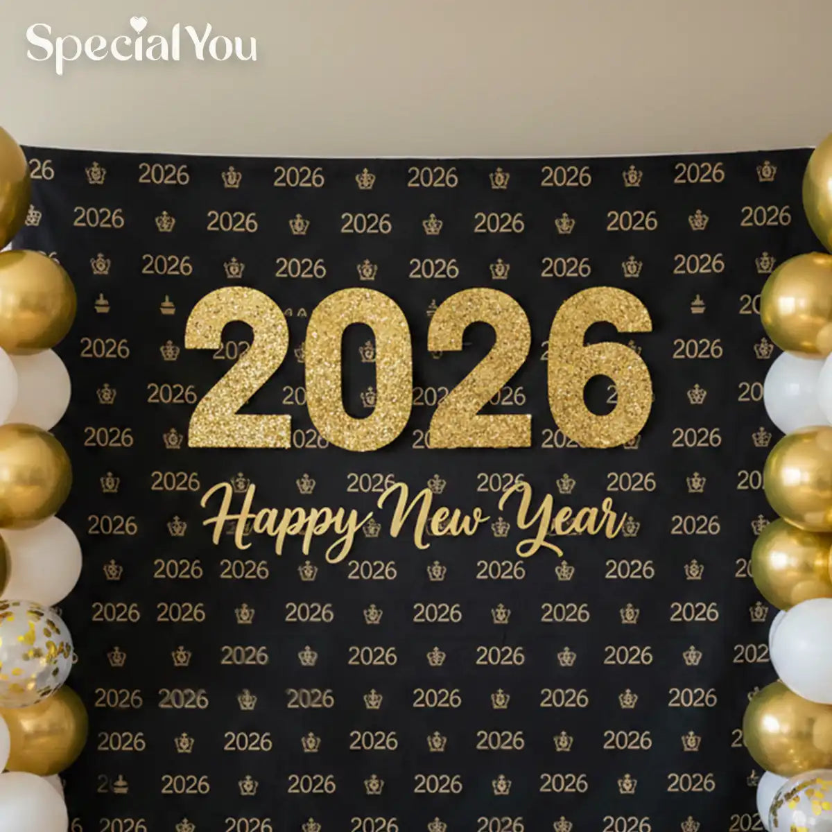 Black & Gold 2026 New Year Balloon Backdrop Decoration
