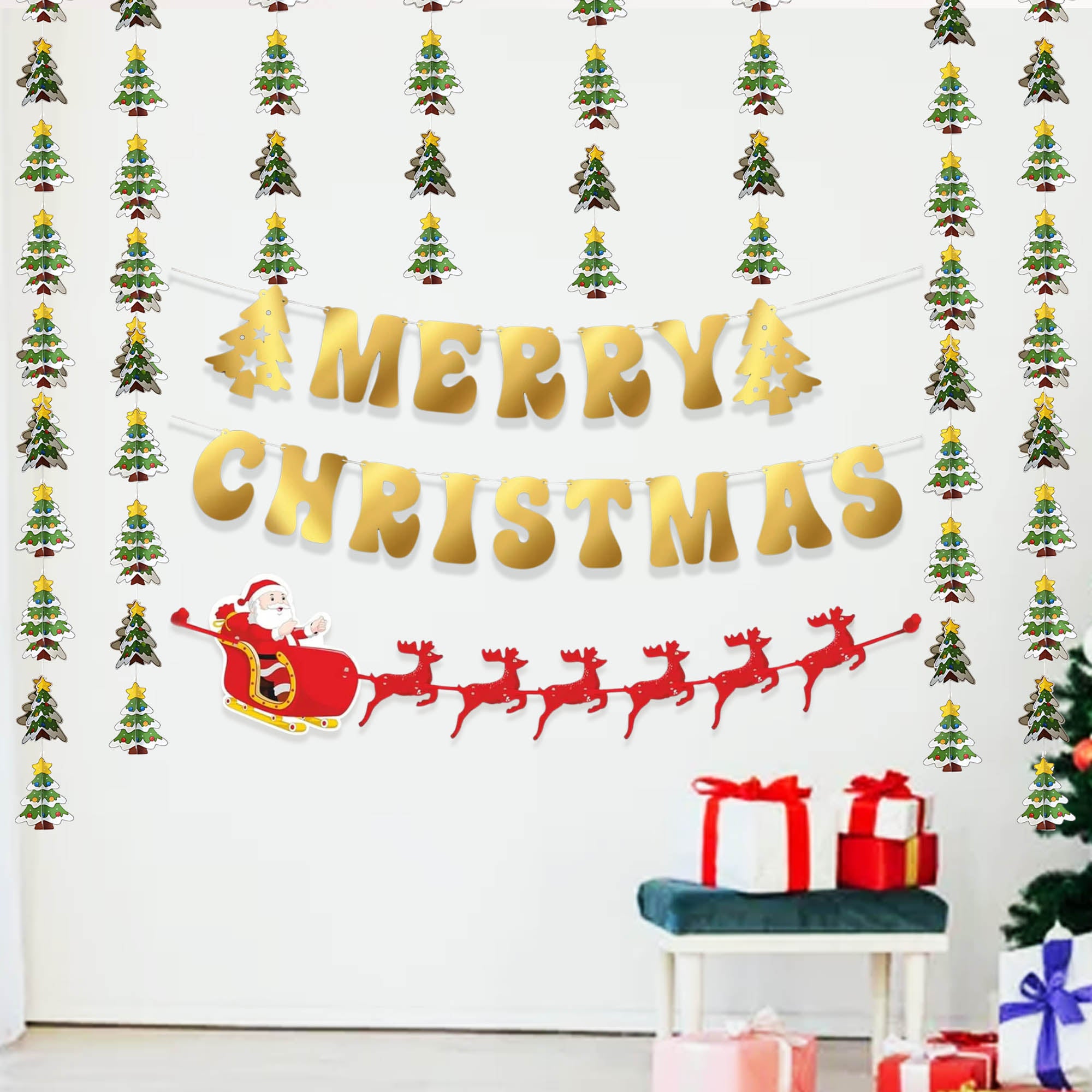 Merry Christmas with Reindeer Banner and Tree Frill