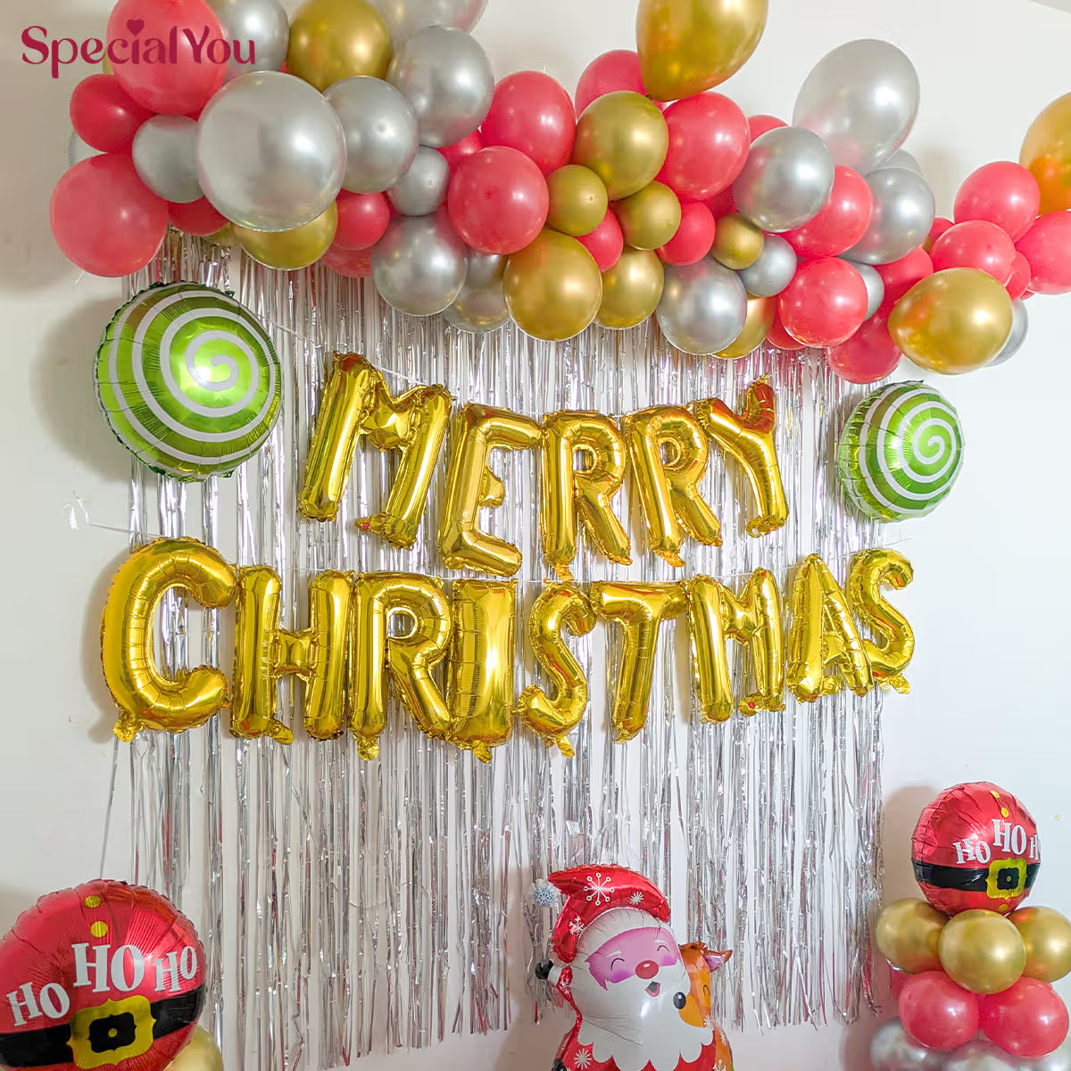 Festive Merry Christmas Foil Balloon Wall Setup