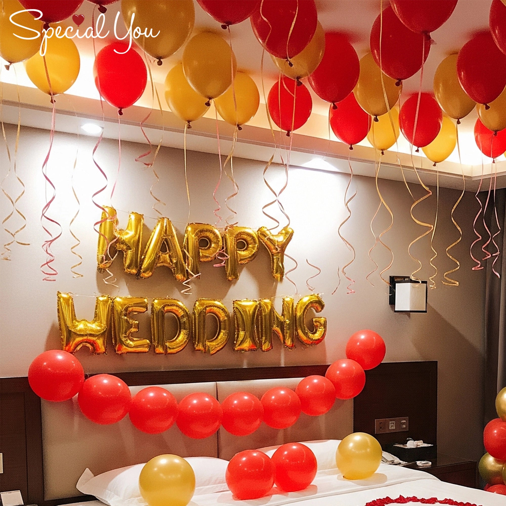 Golden & Red Wedding Room Decor