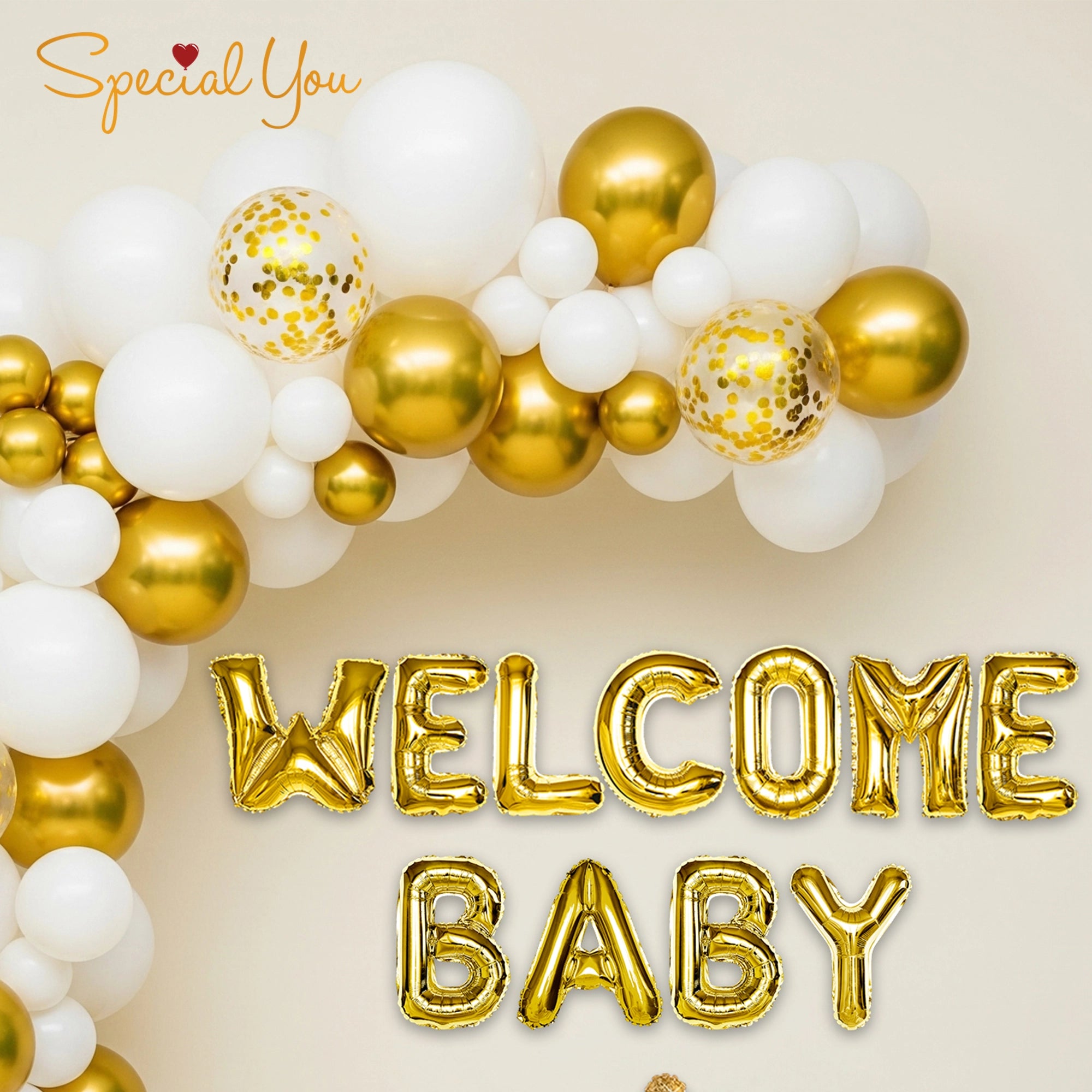 White & Gold Welcome Baby Balloon Decor
