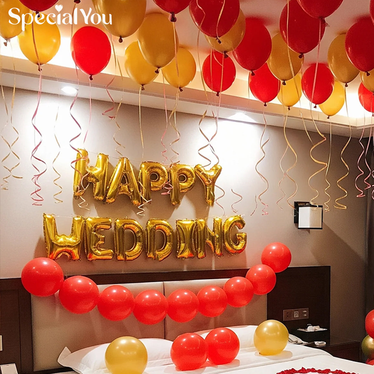 Golden & Red Wedding Room Decor