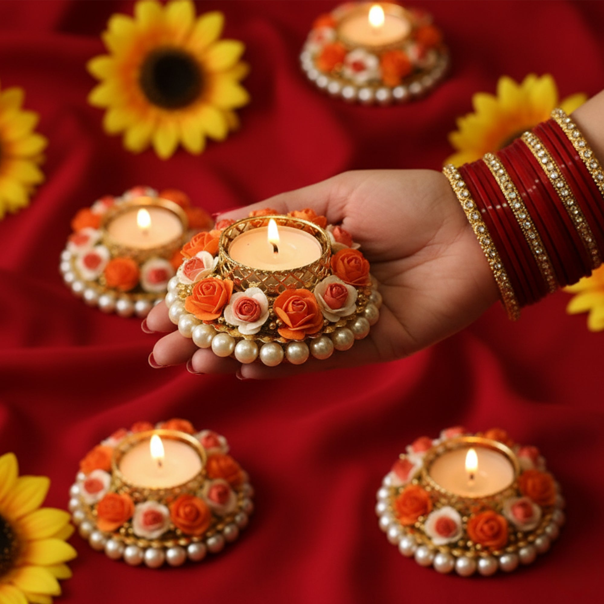 Multicolor Rose T Light Candle Holder for Diwali Decoration