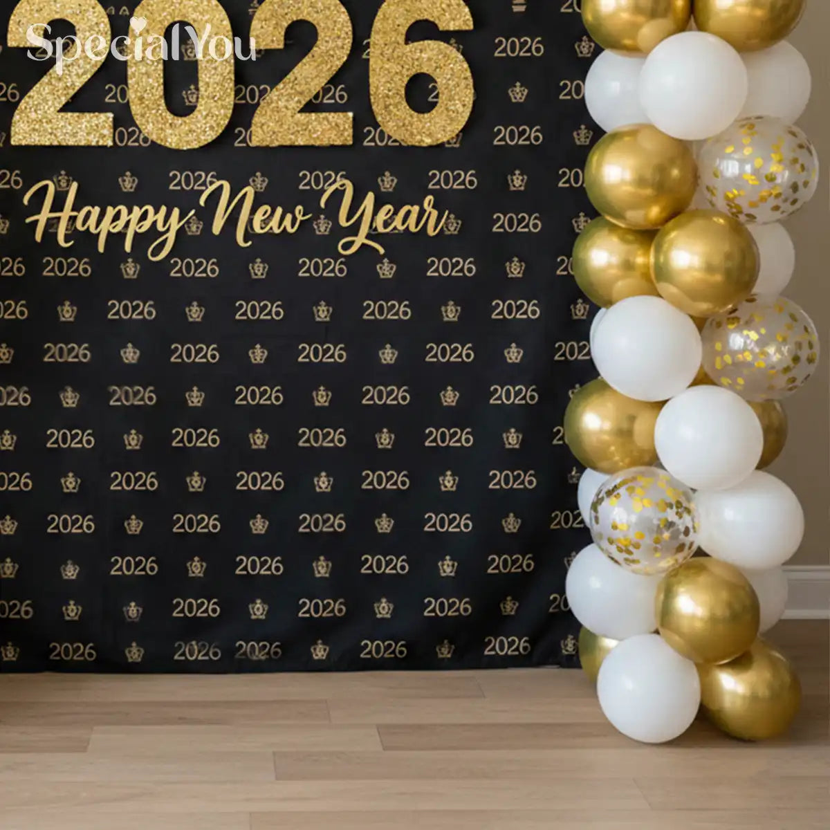 Black & Gold 2026 New Year Balloon Backdrop Decoration