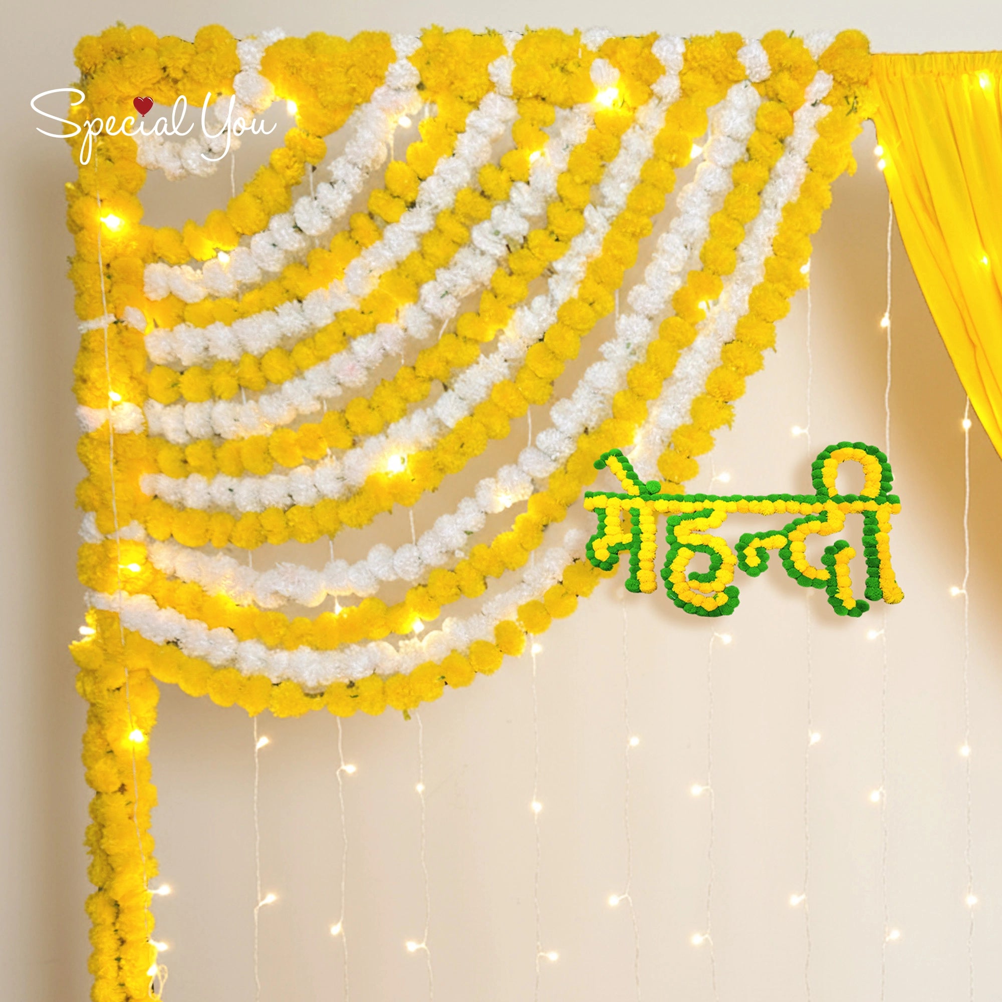 Yellow Floral Mehndi Ceremony Backdrop Decor