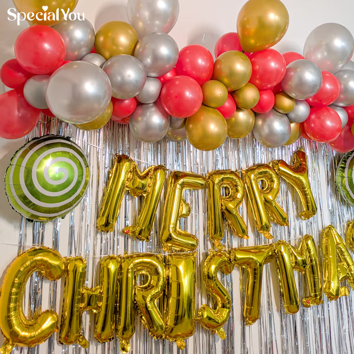 Festive Merry Christmas Foil Balloon Wall Setup
