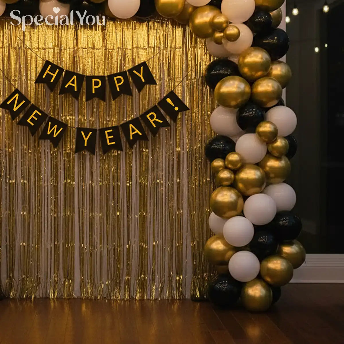 Golden Cascade New Year Balloon Backdrop