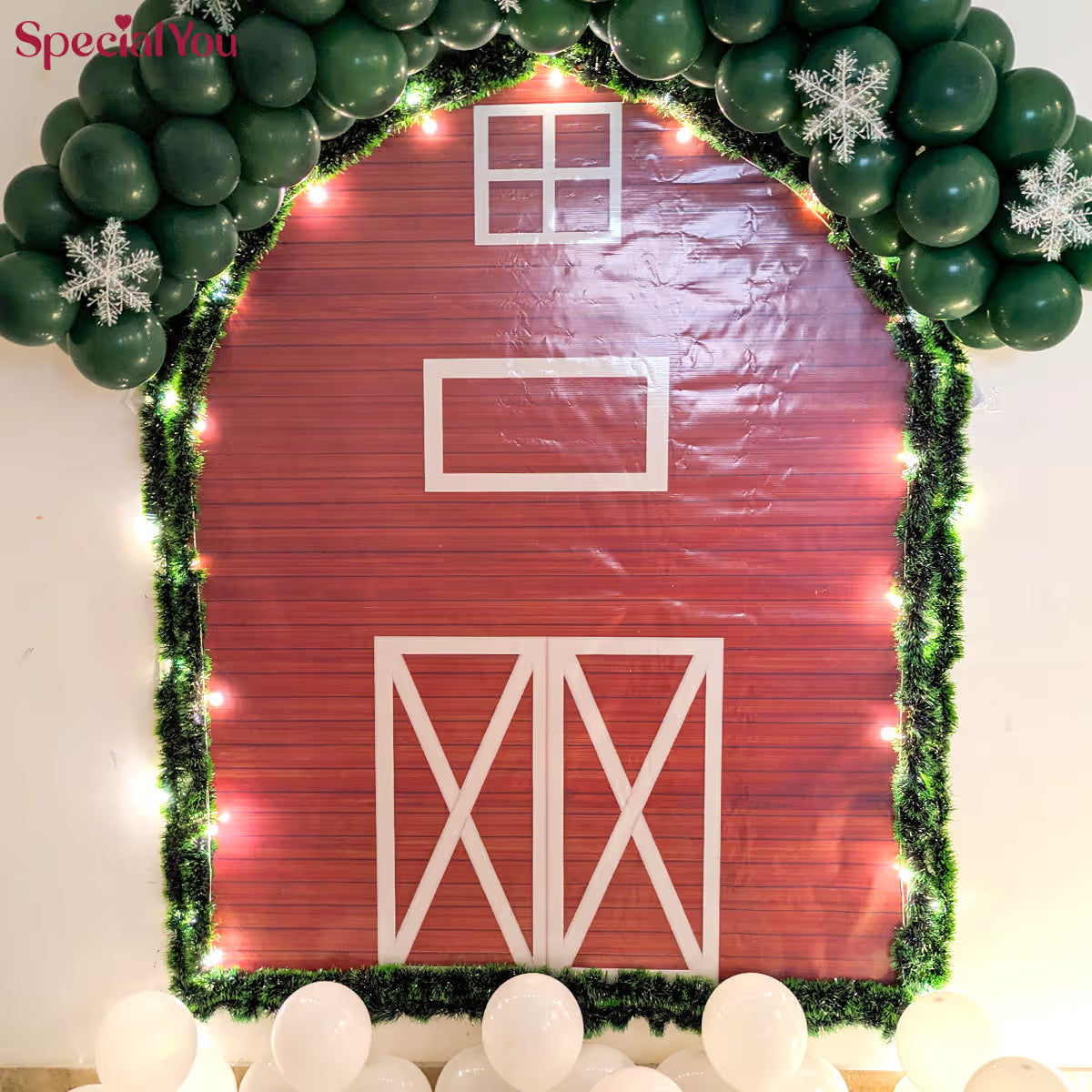 Christmas Barn Backdrop Decor with Green Balloon Arch