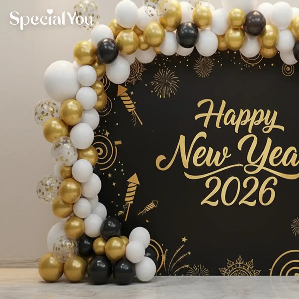 2026 New Year Black & Gold Balloon Arch Decoration
