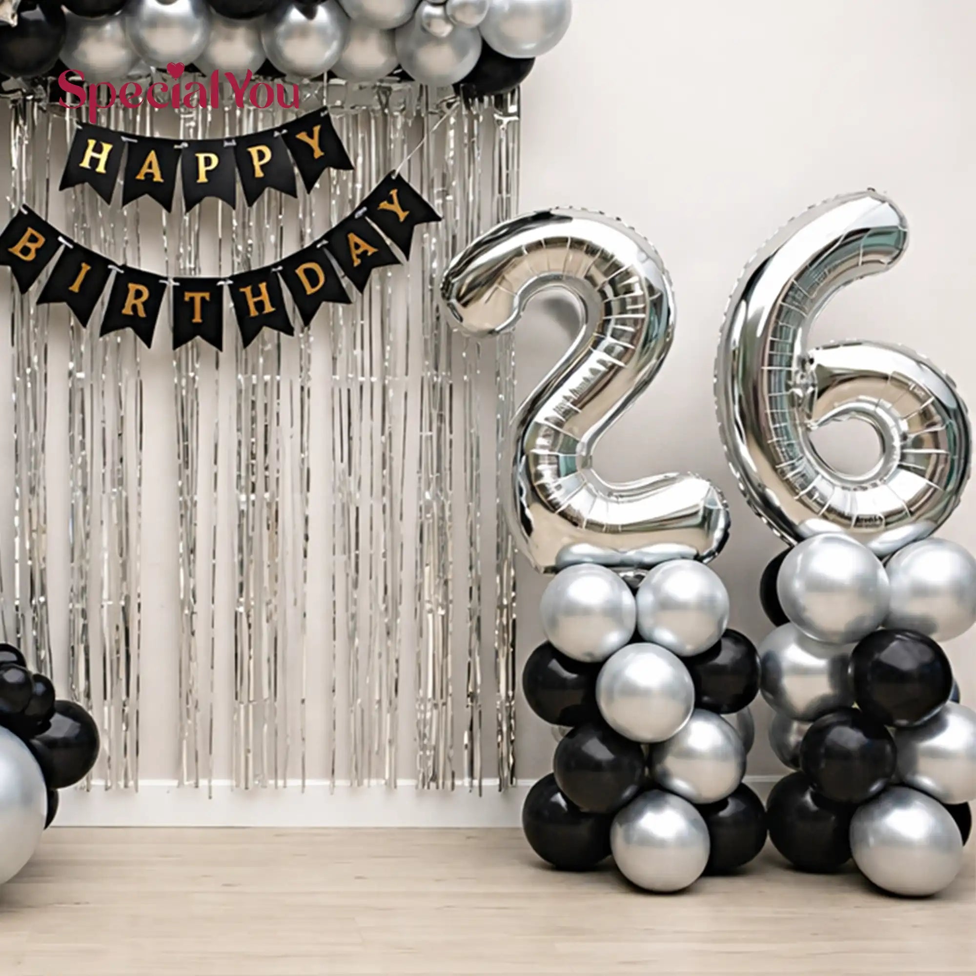 Silver Black Birthday Balloon Backdrop Decor