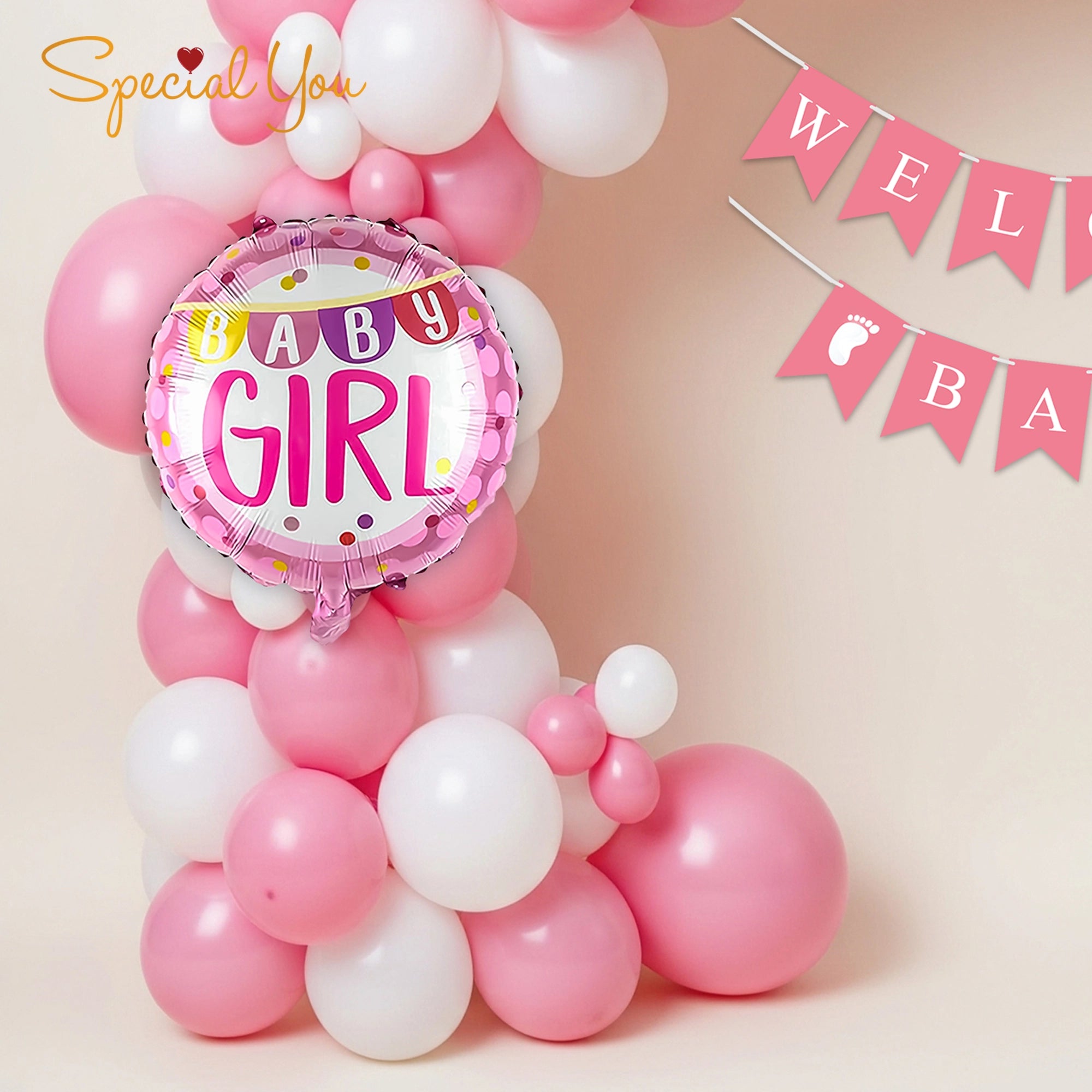 Pink & White Baby Girl Welcome Balloon Decor