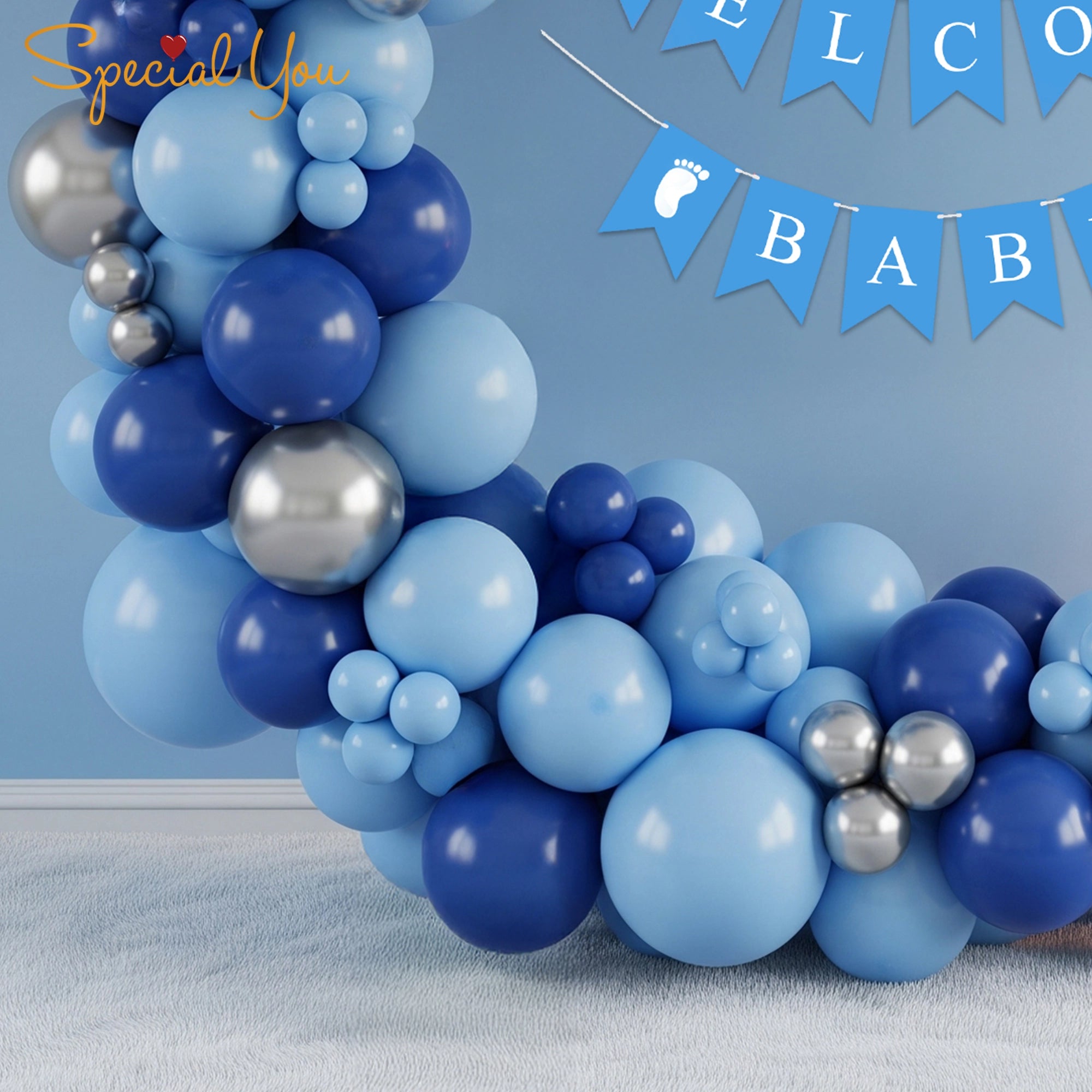 Blue & Silver Welcome Baby Balloon Decor