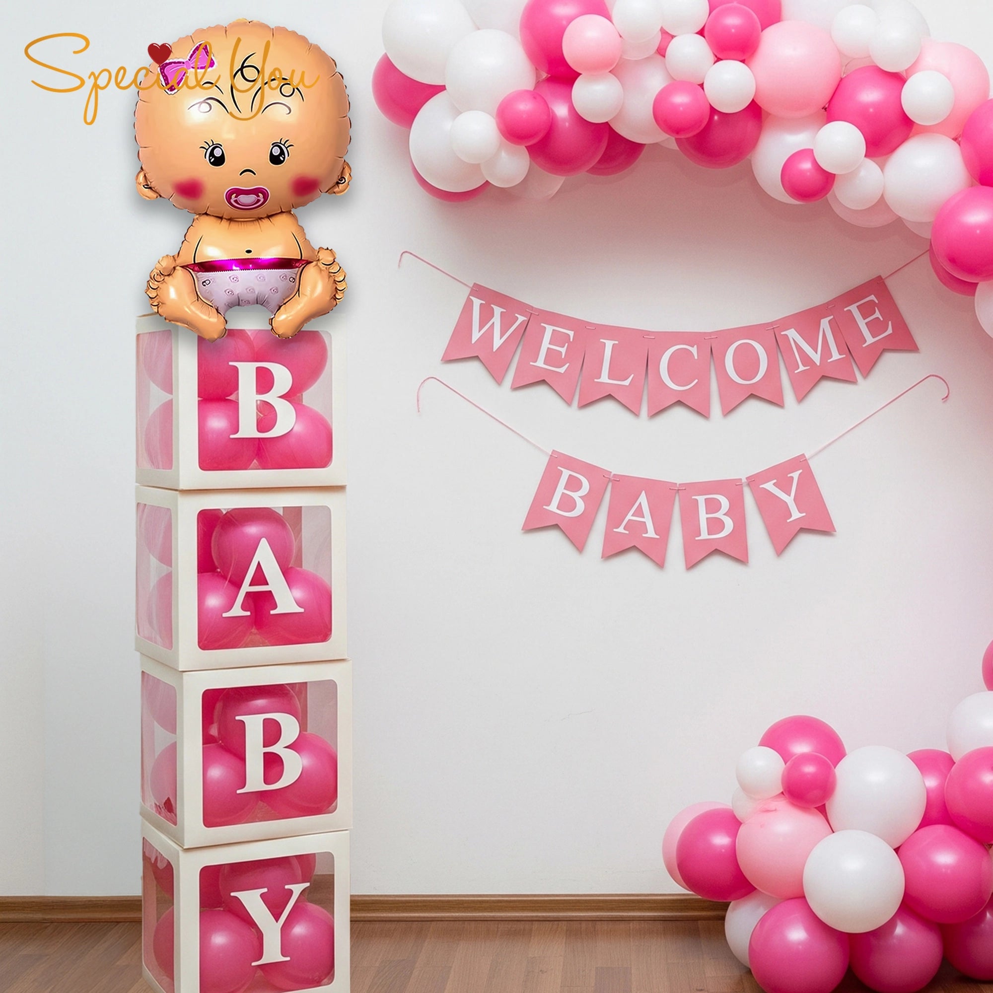 Pink Welcome Baby Balloon Decor